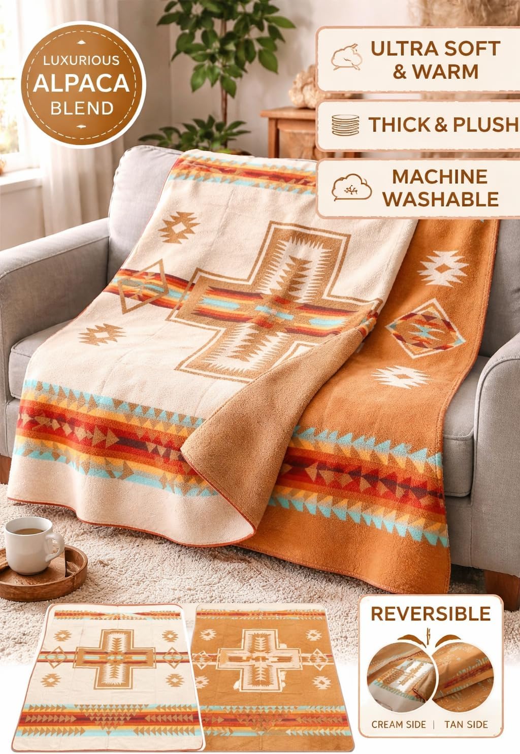 Alpaca Wool Blanket 90 x 78 Inches | Reversible 2-in-1 Throw | Thick, Ultra Soft, Breathable & Hypoallergenic | Non-Itchy | Handmade in Ecuador | Andean Design(Beige)