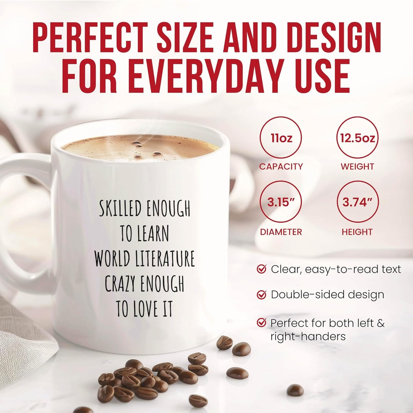 Skilled World Literature Mug - Global Coffee Cup - Lover Funny Gift From Friends - Literary Analysis Tea Mugs - Bookworm Cups - 11 Oz Ceramic Gifts For Readers, Birthday, Him, Her, International Book