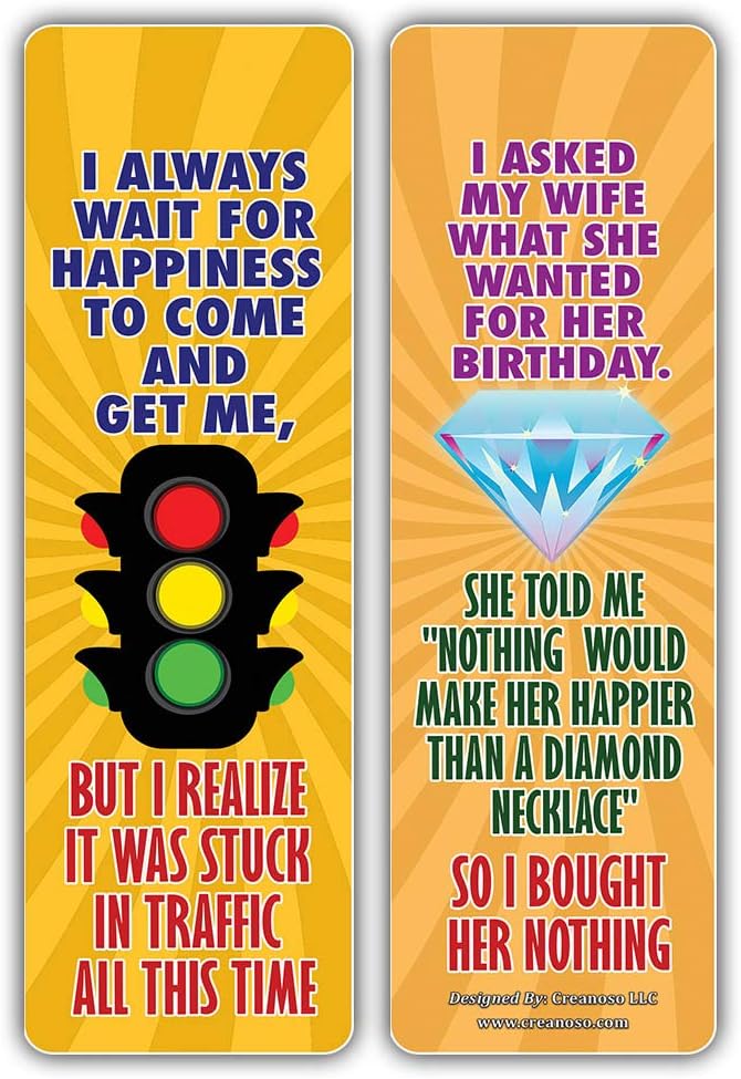 Creanoso Funny One Liners Jokes Happiness Bookmarks Series 3 (12-Pack) – Unique Stocking Stuffers Gifts for Men, Women, Unisex Adults – Cool Book Page Clippers Collection Set – Awesome Giveaways