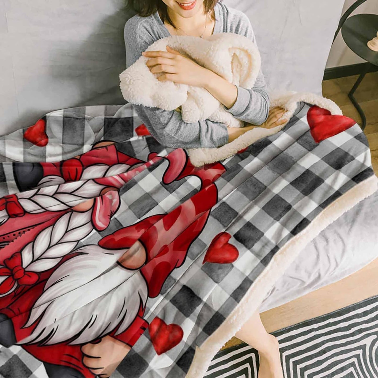 Valentines Throw Blanket Gnome Lover Sherpa Fleece Throws Blanket for Couch Sofa Bed Red Heart Black Check Plaid Blankets Fuzzy Cozy Soft Plush Thick Warm Blankets for Valentines Day Decor, 40x50 Inch