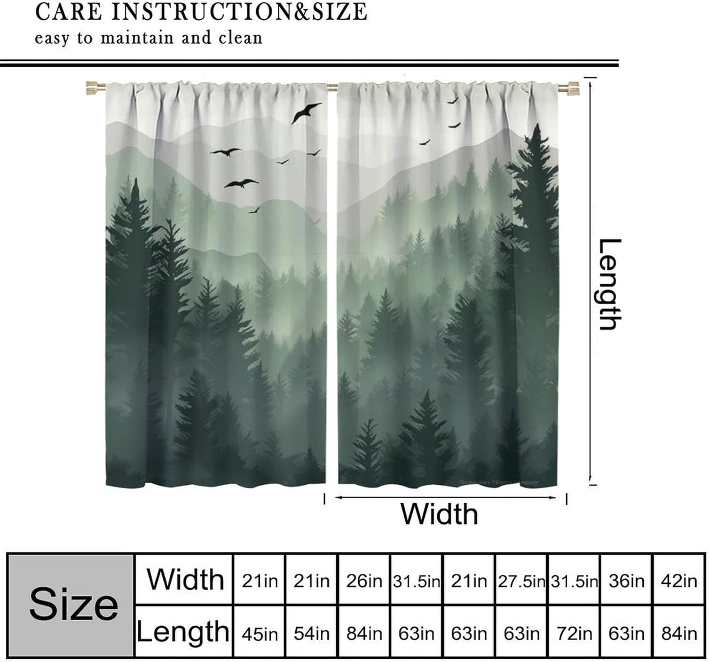 Forest Blackout Curtain for Living Room, Watercolor Green Forest Flying Birds Nature Mountain Tree Woodland Home Window Treatments 2 Panels Drapes for Kitchen Batroom Office Deocr 42"W X 45"L