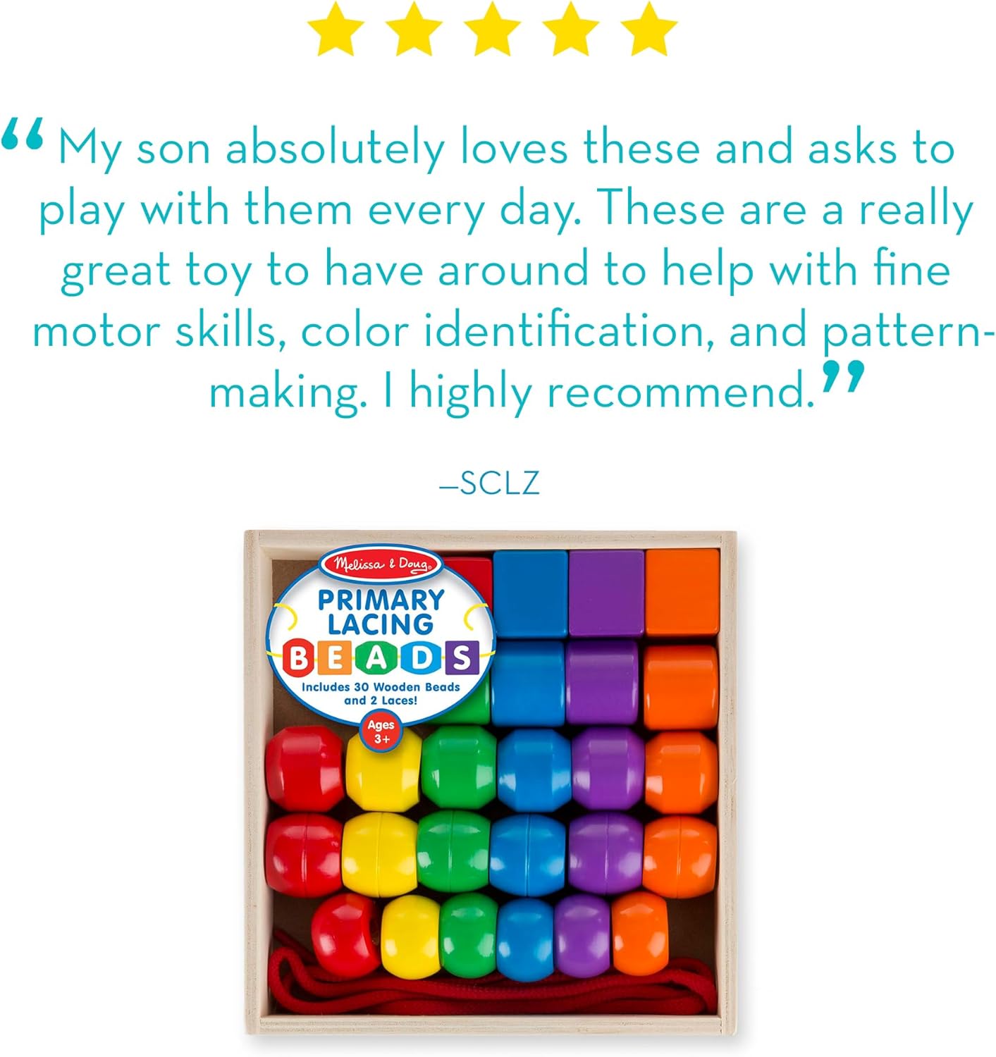 Melissa & Doug Primary Lacing Beads - Educational Toy with 30 Wooden Beads and 2 Laces for Toddlers, Fine Motor Skills Lacing Toys for Toddlers and Kids Ages 3+