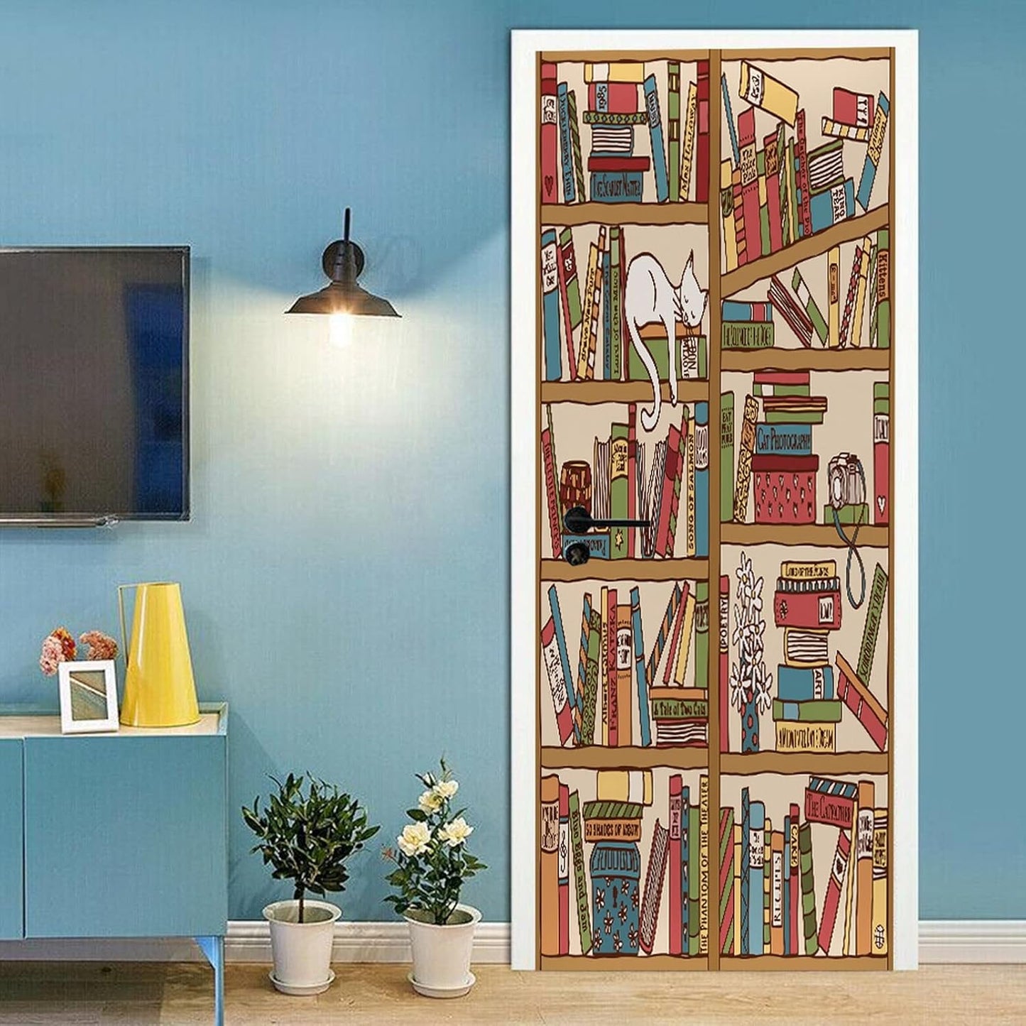 3D Door Stickers for Interior Doors Hand Drawn Bookshelf with Sleeping Cat Vinyl Waterproof Self Adhesive Door Mural Decals for Bedroom Office Bathroom 77 x 200 cm