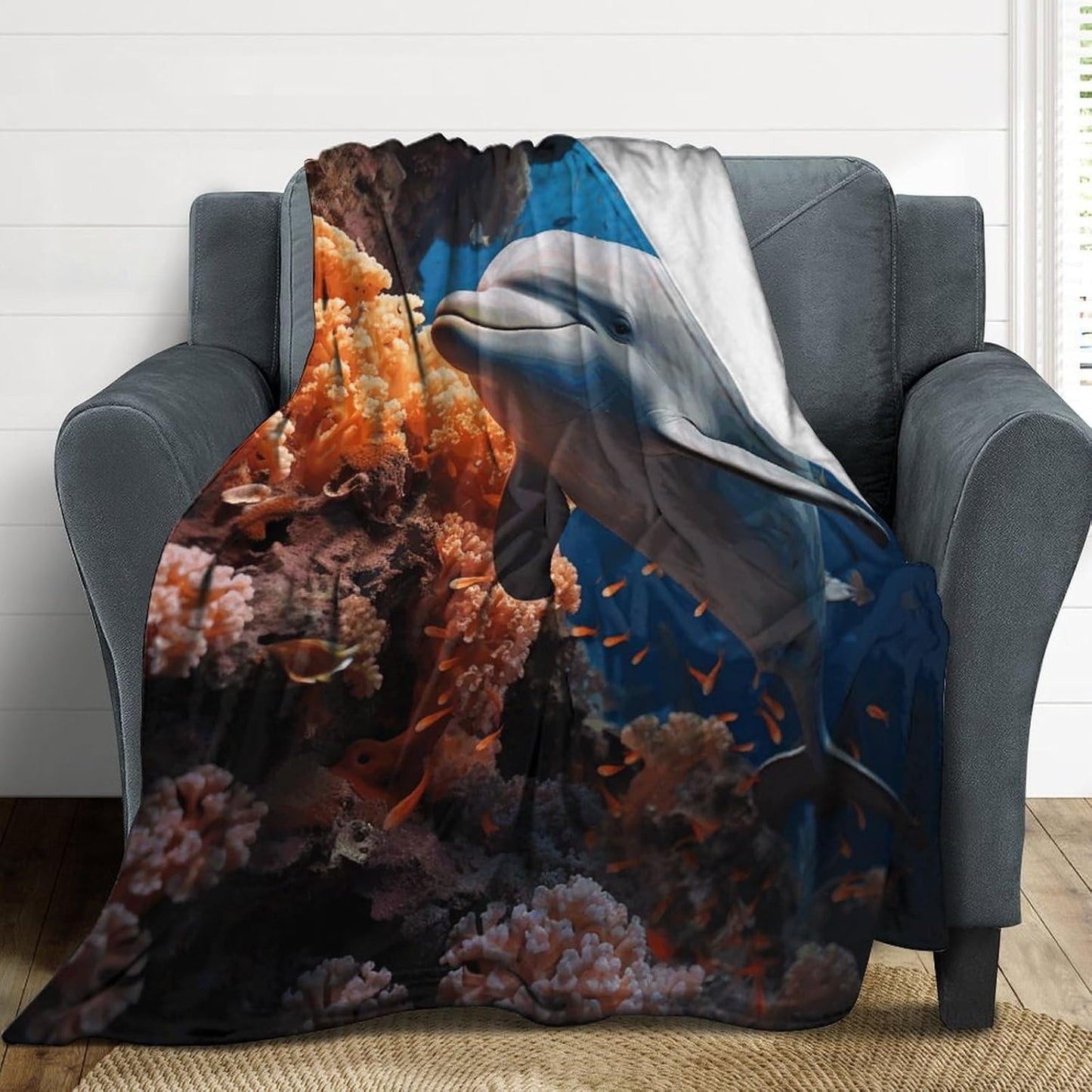 Dolphin On Coral Throw Blanket for Couch Super Soft Warm Lightweight Throw Blankets Cozy Flannel Bed Blanket Cute Decorative Blankets for All Seasons Home Decor Gift 60"*80"（150 * 200cm）