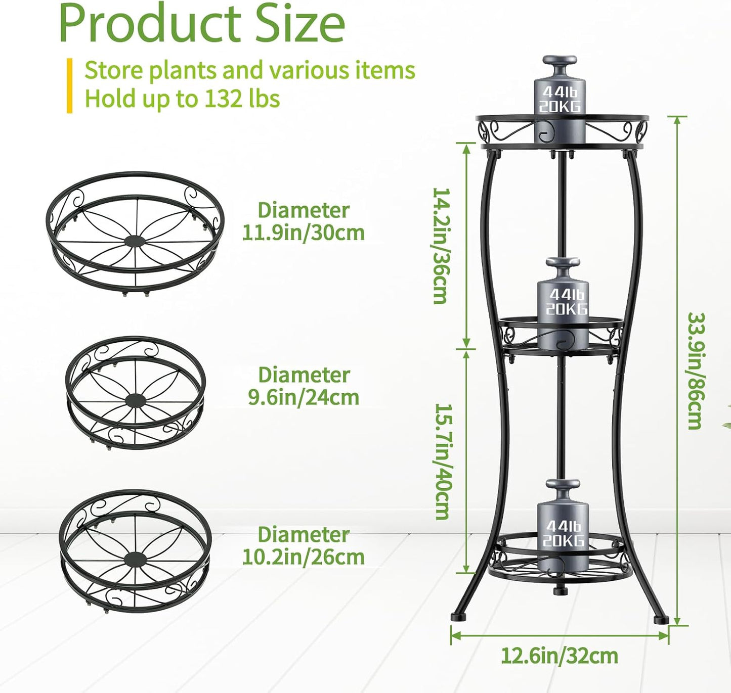 iDavosic.ly 3 Tier Tall Metal Plant Stand Indoor Outdoor, Wrought Iron Corner Flower Pot Holder Shelf, 34 Inch Vertical Display Rack for Patio Porch Living Room Garden, Black
