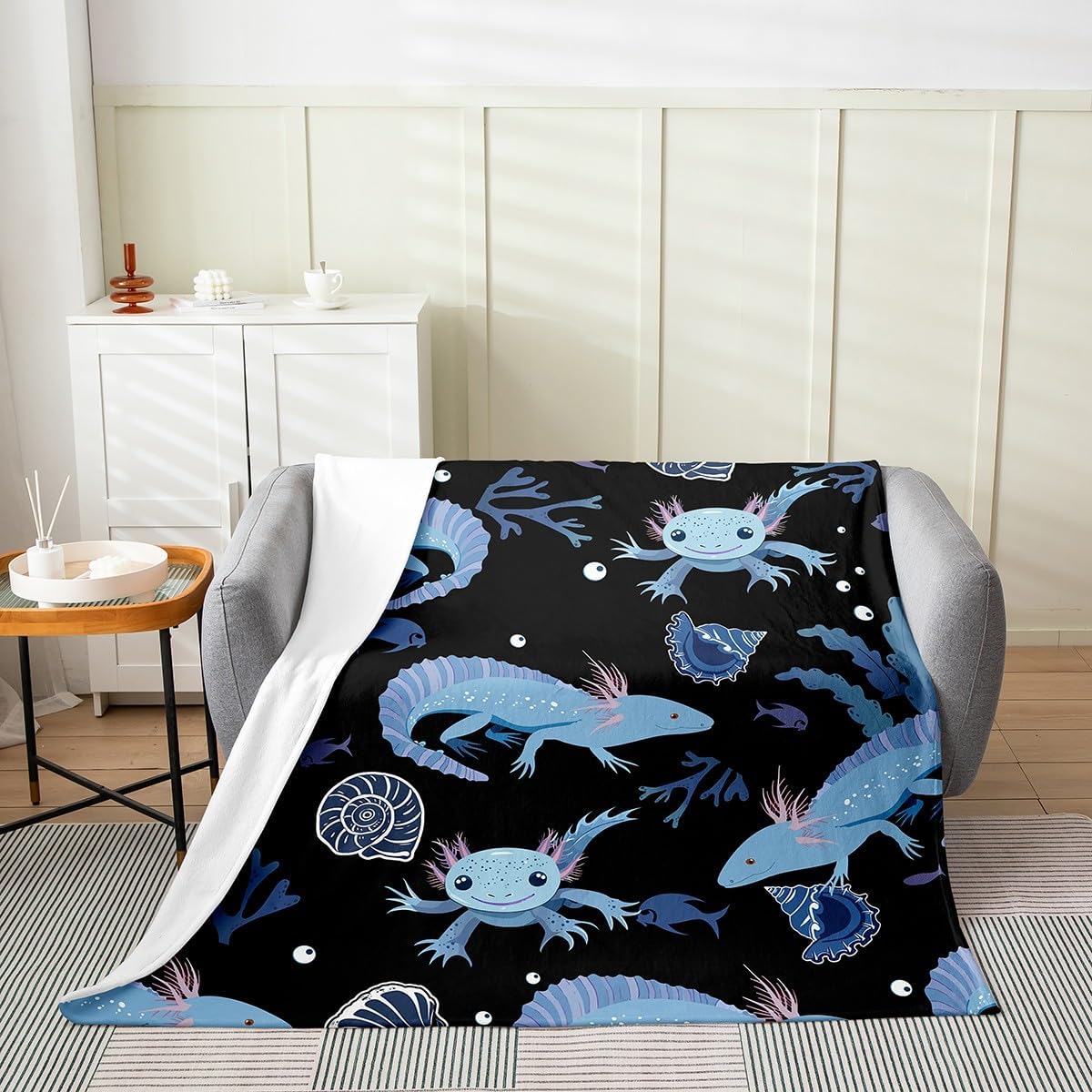 Cartoon Axolotl All Season Bed Blanket, Kawaii Axolotl Fleece Fuzzy Plush Blanket 3D Animals Flannel Throw Blanket, for Bed Sofa Couch Kids Salamander Black Blue Ultra Soft Room Decor Queen 90"x90"