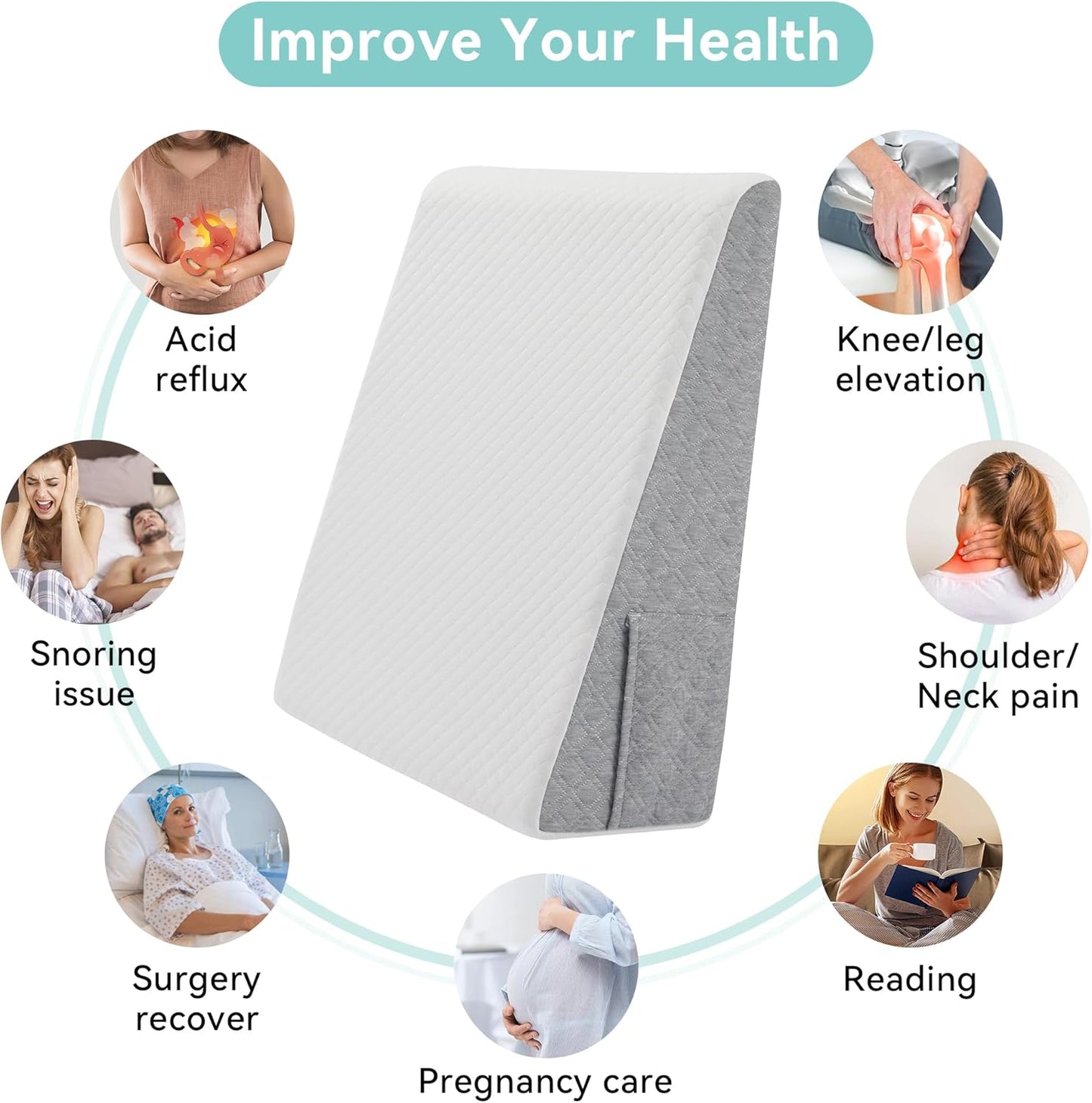 Hcore Bed Wedge Pillow with Soft Memory Foam and Washable Cover, Wedge Pillow for Sleeping, Triangle Pillow Wedge for Acid Reflux, Heartburn, Back Pain Relief, Snoring, Sleep Apnea and Gerd, 8 inch