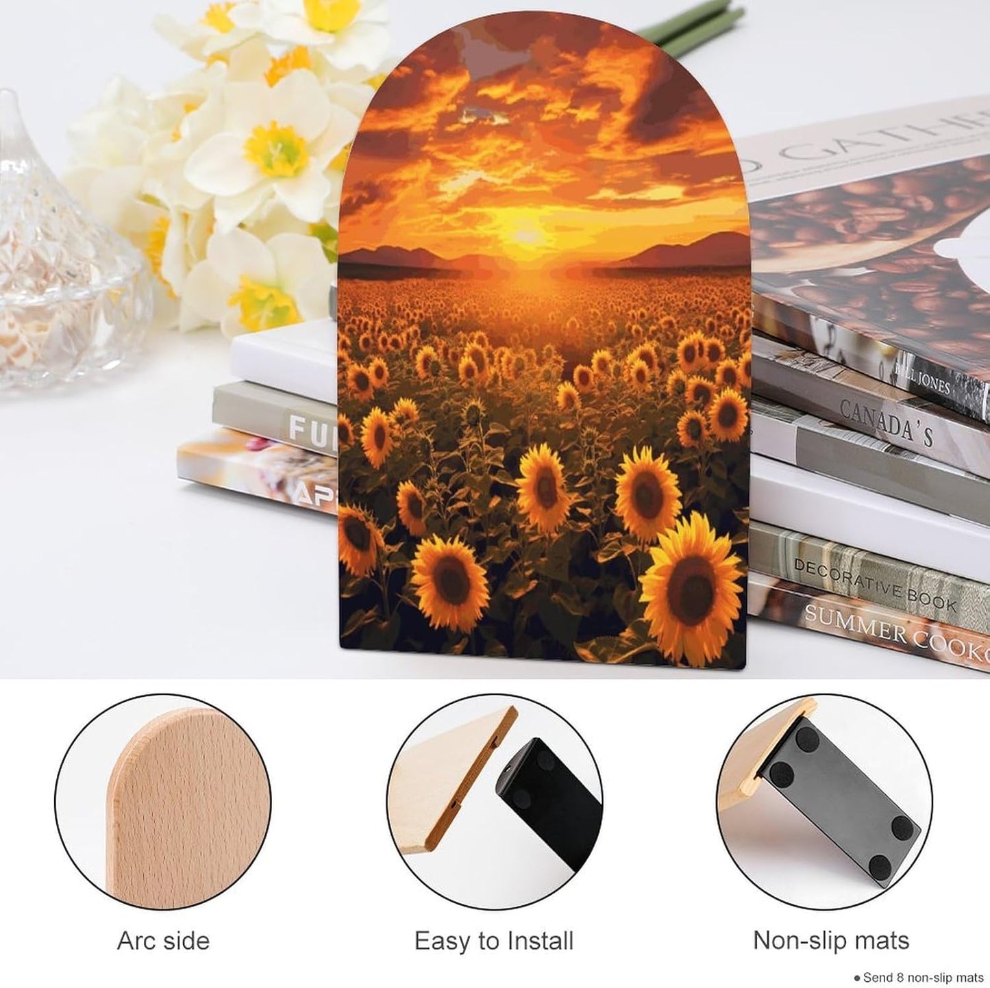 Sunflower Field Sunset Sea of Flowers Bookend for Shelves Wooden Book End Large Size Sturdy Book Holders Stoppers with Metal Base for Bookshelves Slick Decorative Bookends Stands