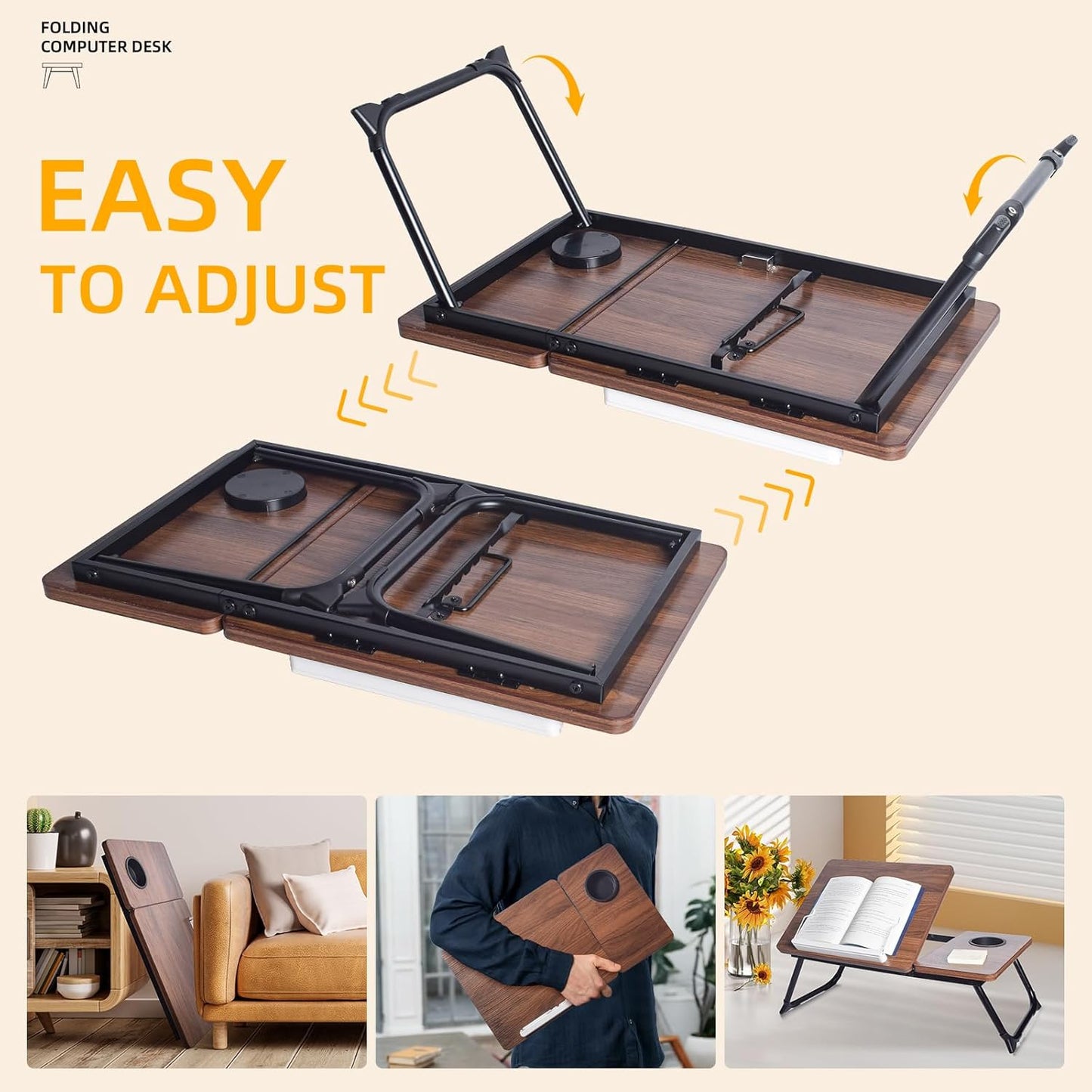 Adjustable Wooden Lap Desks for Bed, Desk with Built-in Cup Holder