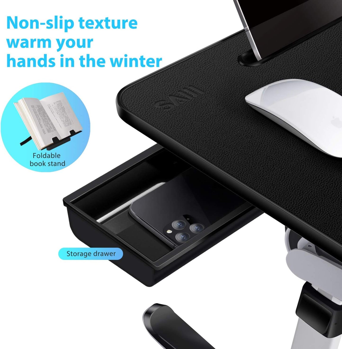 Laptop Bed Tray Desk, SAIJI X-Large Adjustable Laptop Table, Foldable Laptop Desk with Storage Drawer and Bookstand for Eating, Working, Writing, Gaming, Drawing (Black)