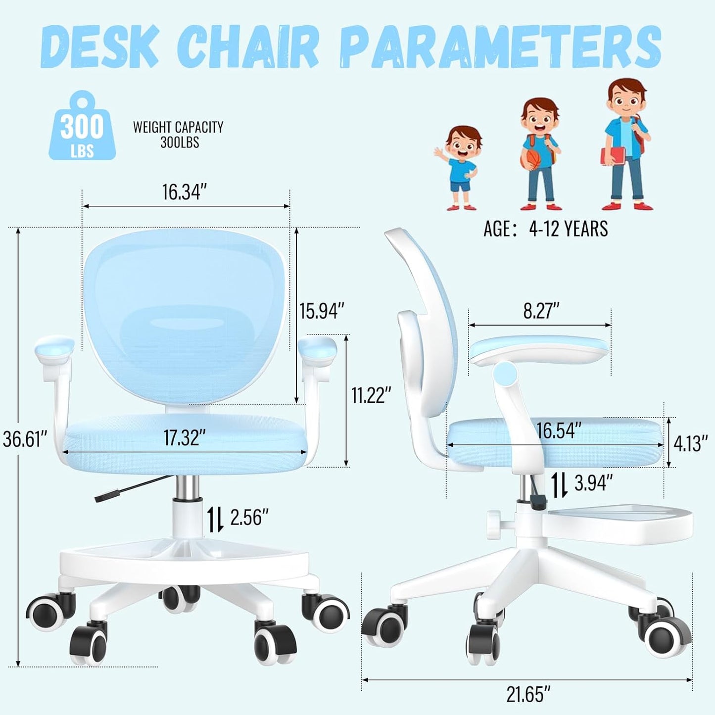 Adjustable Kids Desk Chair, Ergonomic Children Study Computer Chair with Footrest & Flip-up Armrest, Mesh Student Teen Task Chair with Wheels, Kids Office Chair for Boys Girls Age 4-12 Home (Blue)