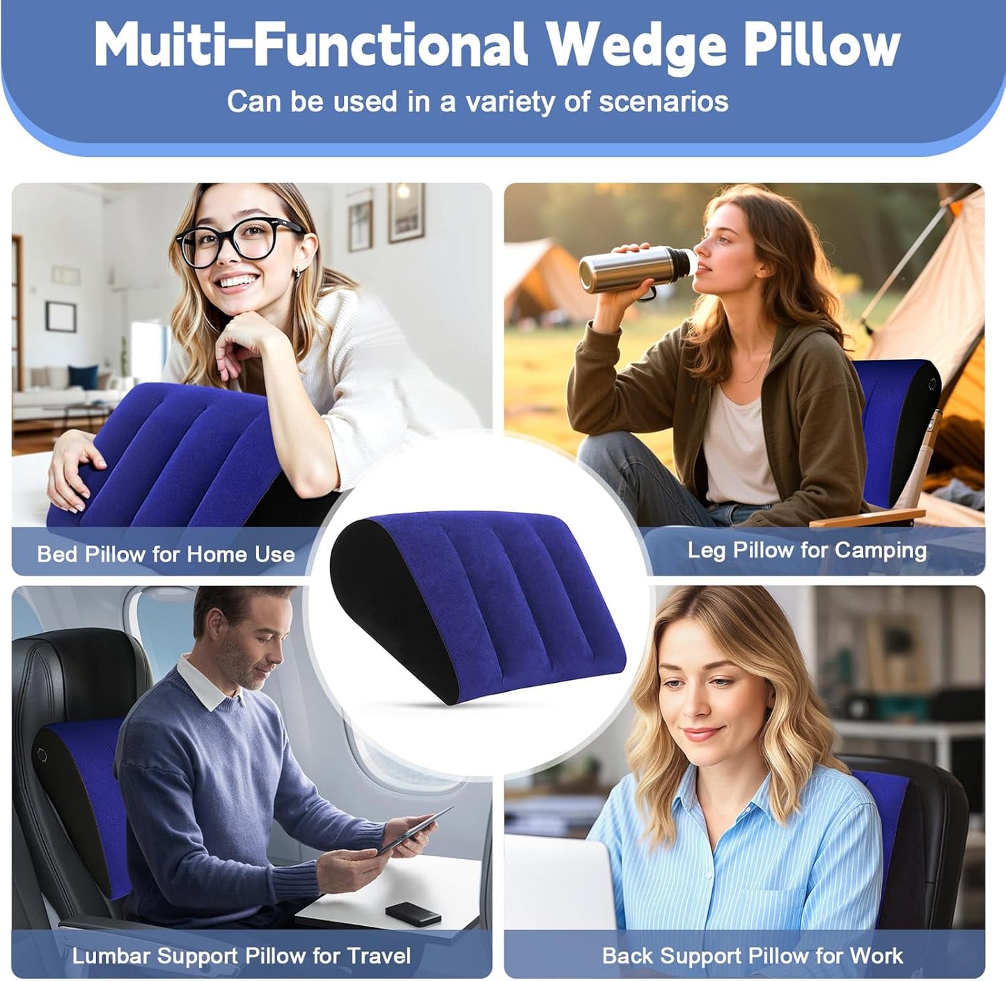 Inflatable Wedge Pillow for Sleeping and Travel - Multi-Purpose Support for Back, Legs, and Knees,Portable Triangle Cushion for Bed, Sofa, or Office,Includes Complimentary Silk Eye Mask(Blue)
