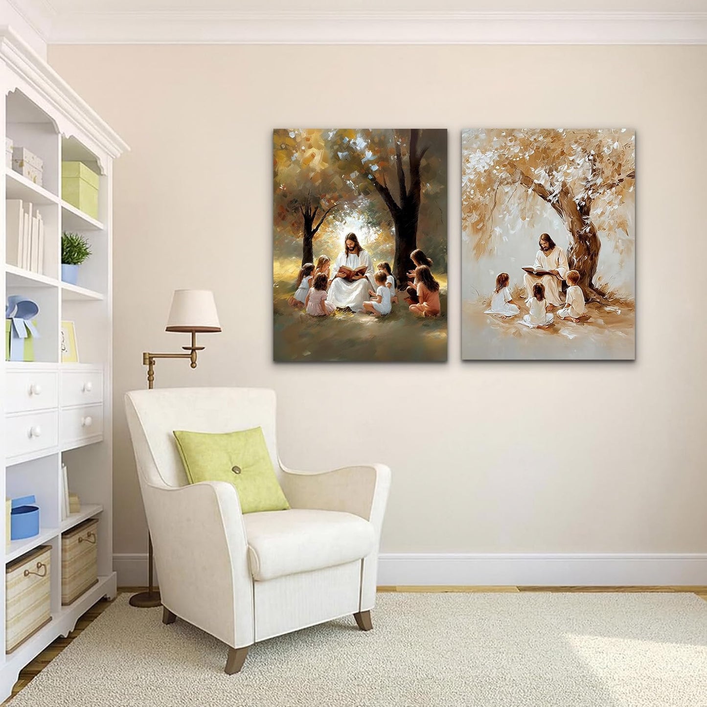 bitCNY Christian Nursery Wall Art Set of 2 – 12x16 Inch Jesus Reading with Children Under Tree, Inspirational Faith Prints 478