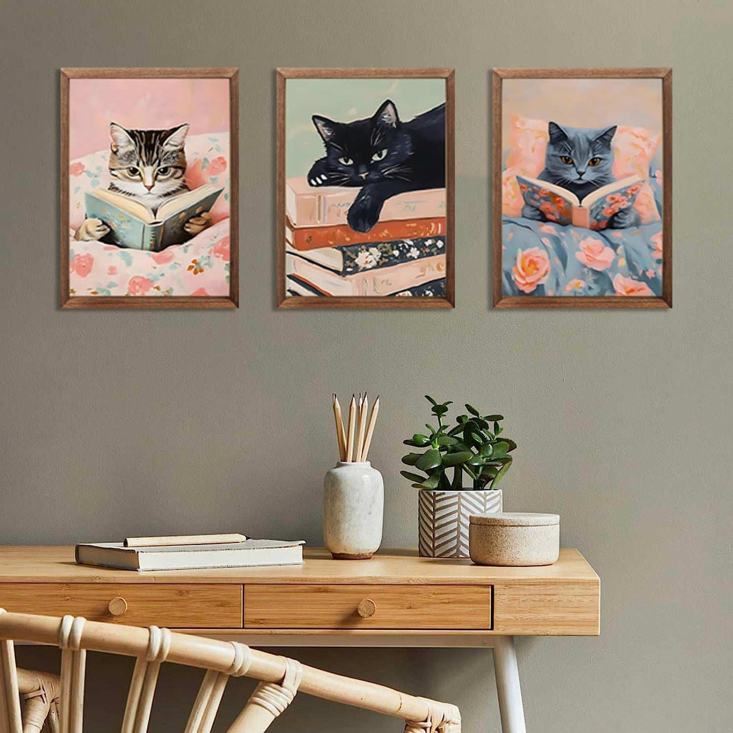 Chmylon Wall Art Set of 3,Cute Reading Cats Canvas Wall Decor, Funny Animal Book Art Prints, Pink Aesthetic Wall Artwork for Girls Room Bedroom Kids Room Living Room Bathroom Decor 12x16In Wood Framed