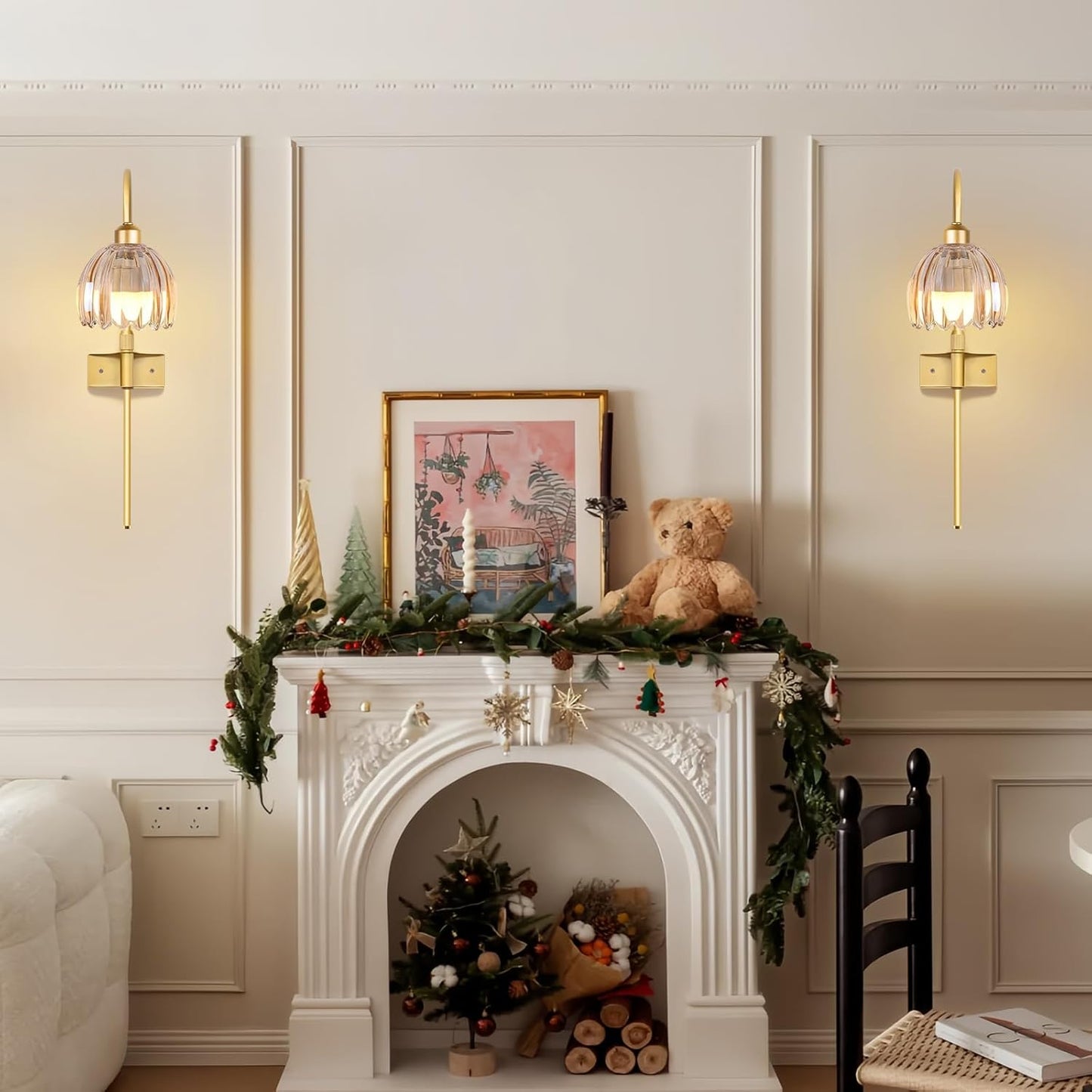 Vintage Battery Operated Wall Sconces Set of Two, Flower Wireless Rechargeable Battery Powered Wall Lights Lamp with Remote Control & Green Glass Lampshade,Gold Wall Sconces for Bedroom Living Room