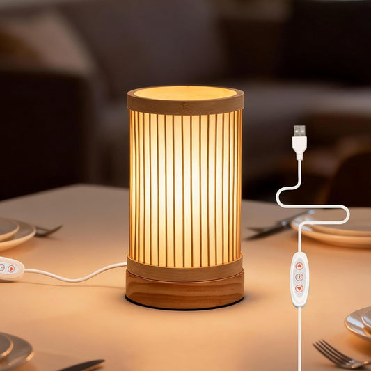 Bamboo Table Lamp, Small Boho Rattan Lamp Decorative with Dimmable Light, Woven Bedside Lamp for Bedroom, Cozy Nightstand Desk Lamps for Cafe/Entryway/Tabletop/Shelf Decor