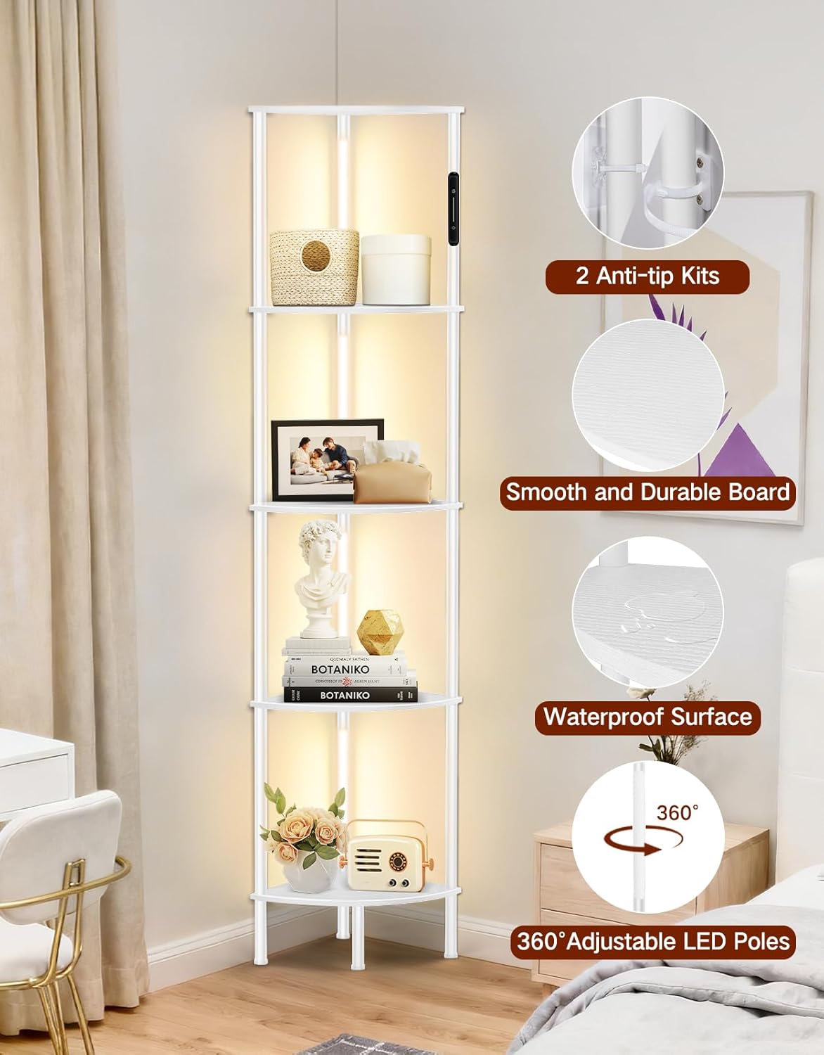 5-Tier Corner Bookshelf with LED Lights, Touch & Remote Control, 3 Color Temperatures, Dimmable Narrow Display Shelf with 1-Hour Timer for Living Room, Bedroom, Office (White)