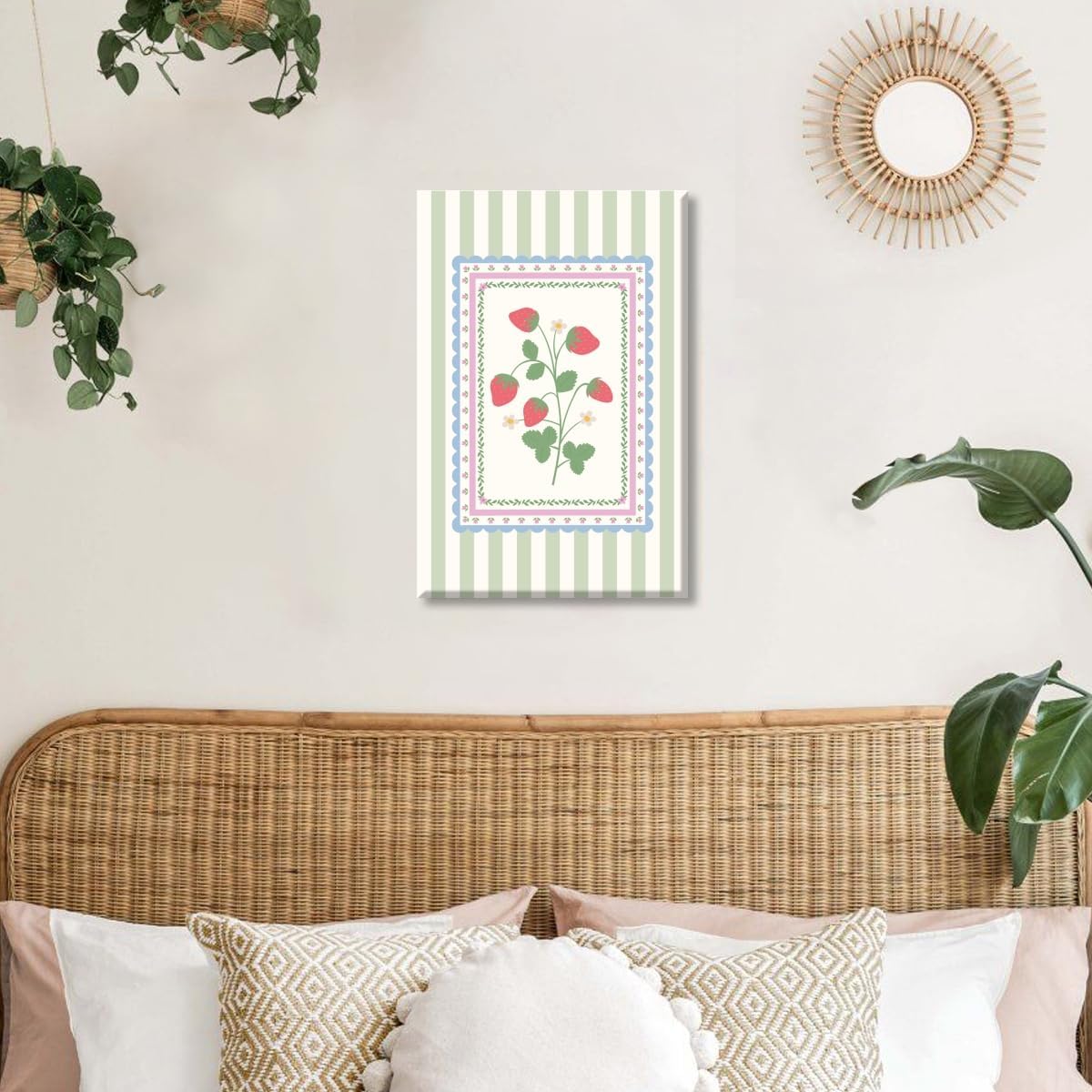 Cute Strawberry Wall Art Vintage Botanical Canvas Poster Farmhouse Soft Pastel Colors Striped Strawberry Print for Kitchen Dining Room Nursery Cottagecore Aesthetic Home Decor 12x18inch Unframed