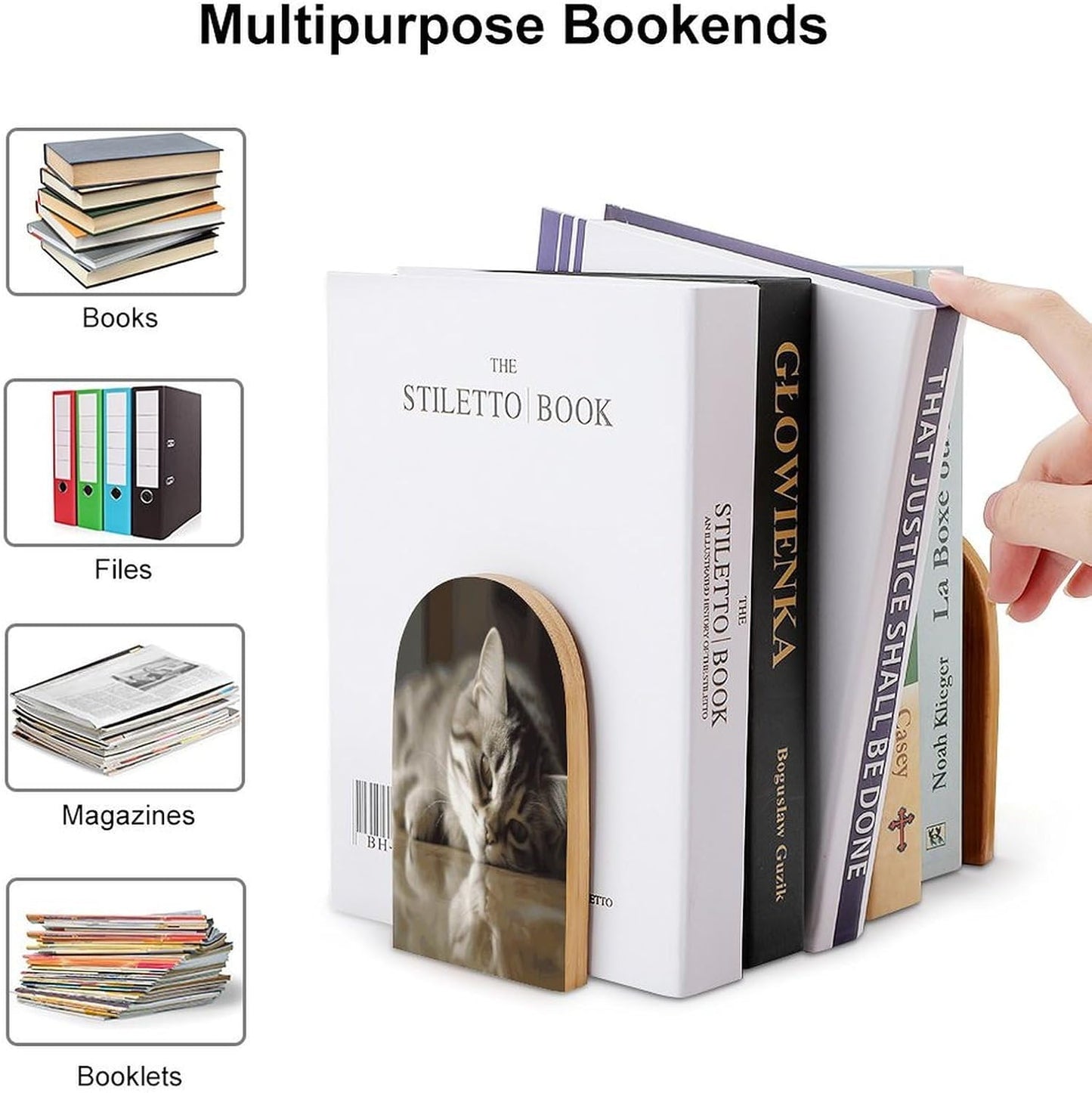 Sleeping Cat Bookends 1 Pair Heavy Duty Book Ends for Shelves Non-Skid Bookend Supports Wooden Book Holders with Metal Base Desk Organizers Books Storage to Hold Books