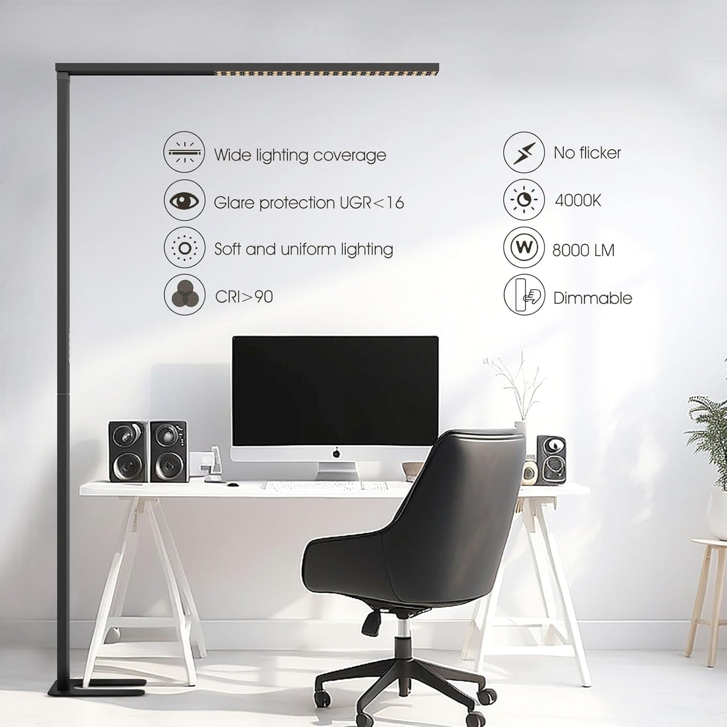 190.8cm(77인치) LED 플로어 램프, 80W 블랙 모던 프리 스탠딩 램프, 8000LM 조도 조절 가능한 고휘도 사무실 램프, 독서 공부방, 거실, 침실, 피아노룸, 회의실용, 4000K 자연 일광