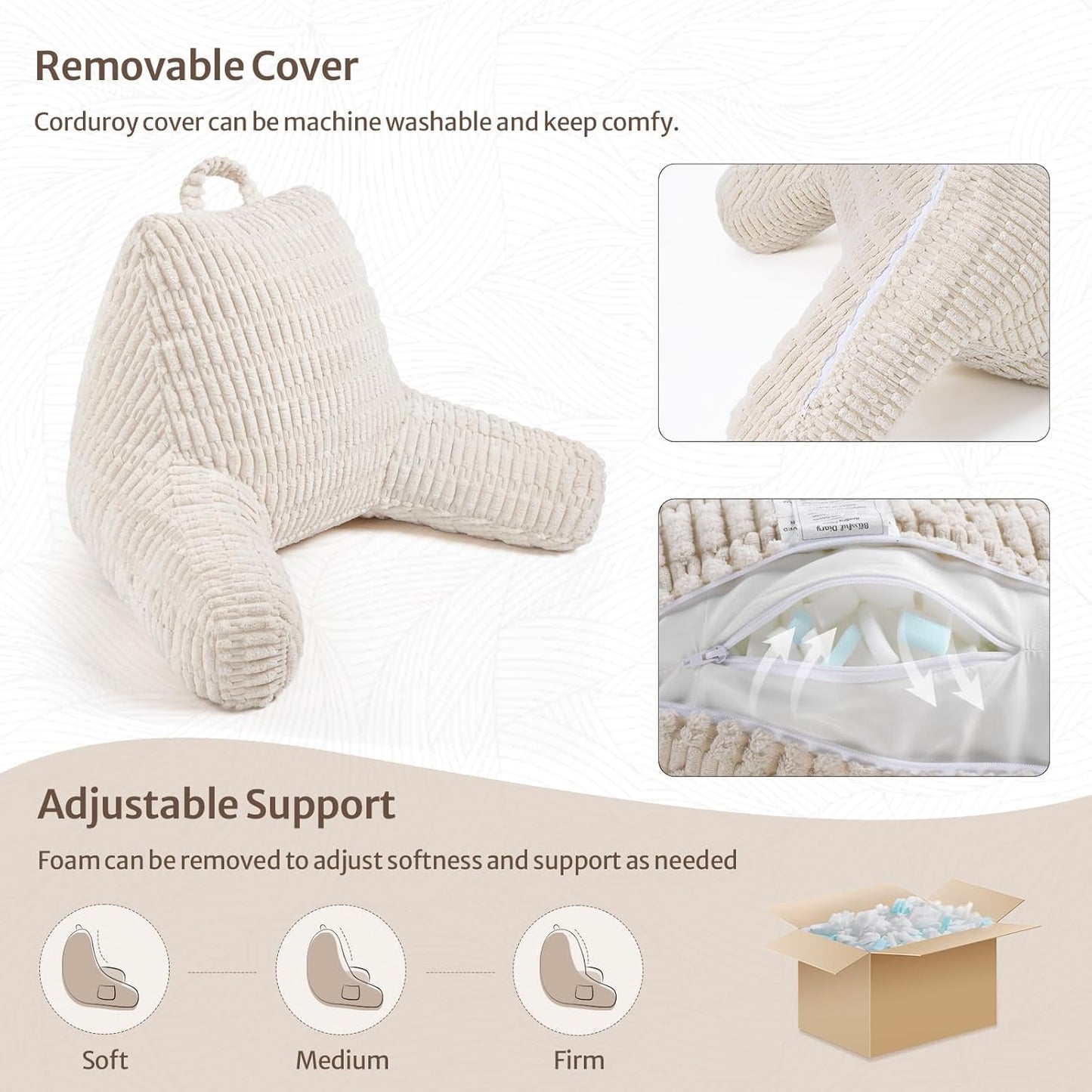 Shredded Memory Foam Reading Pillow with Arms — Pockets, Washable Cover, Bed or Couch