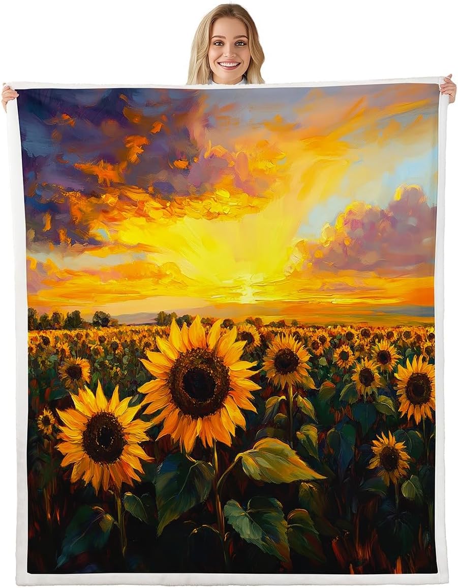 Feelyou Sunflowers Blanket Sunflowers Oil Painting Fleece Throw Blanket for Kids Adult Boys Girls Sunset Plush Blanket Wild Flower Fuzzy Blanket for Sofa Bed Couch,Queen 90x90 Inches