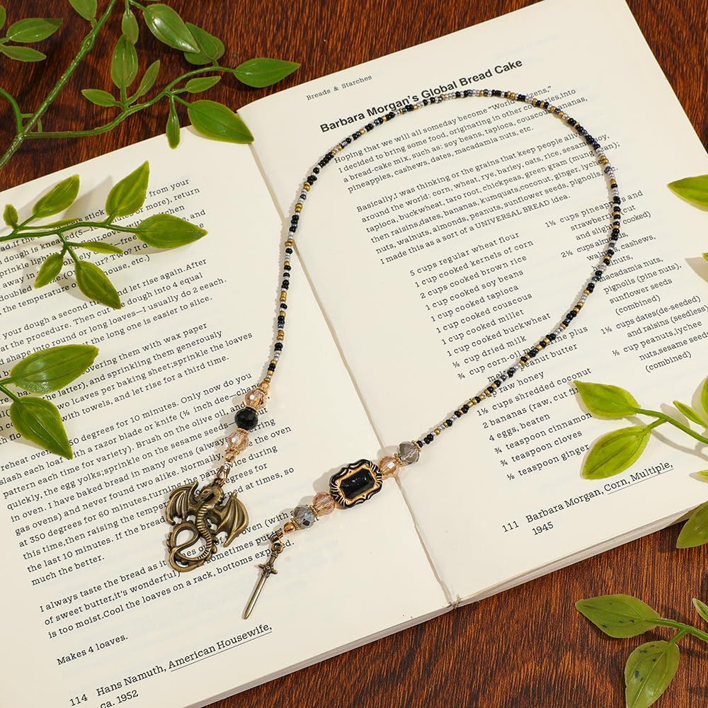 Fantasy Dragon Sword Bookmark - Crystal Beaded Bookmark Chain Mystical Aesthetic Dragon Charm Pendant Fourth Wing Dragon Book Lovers Book Gift Student School Supplies