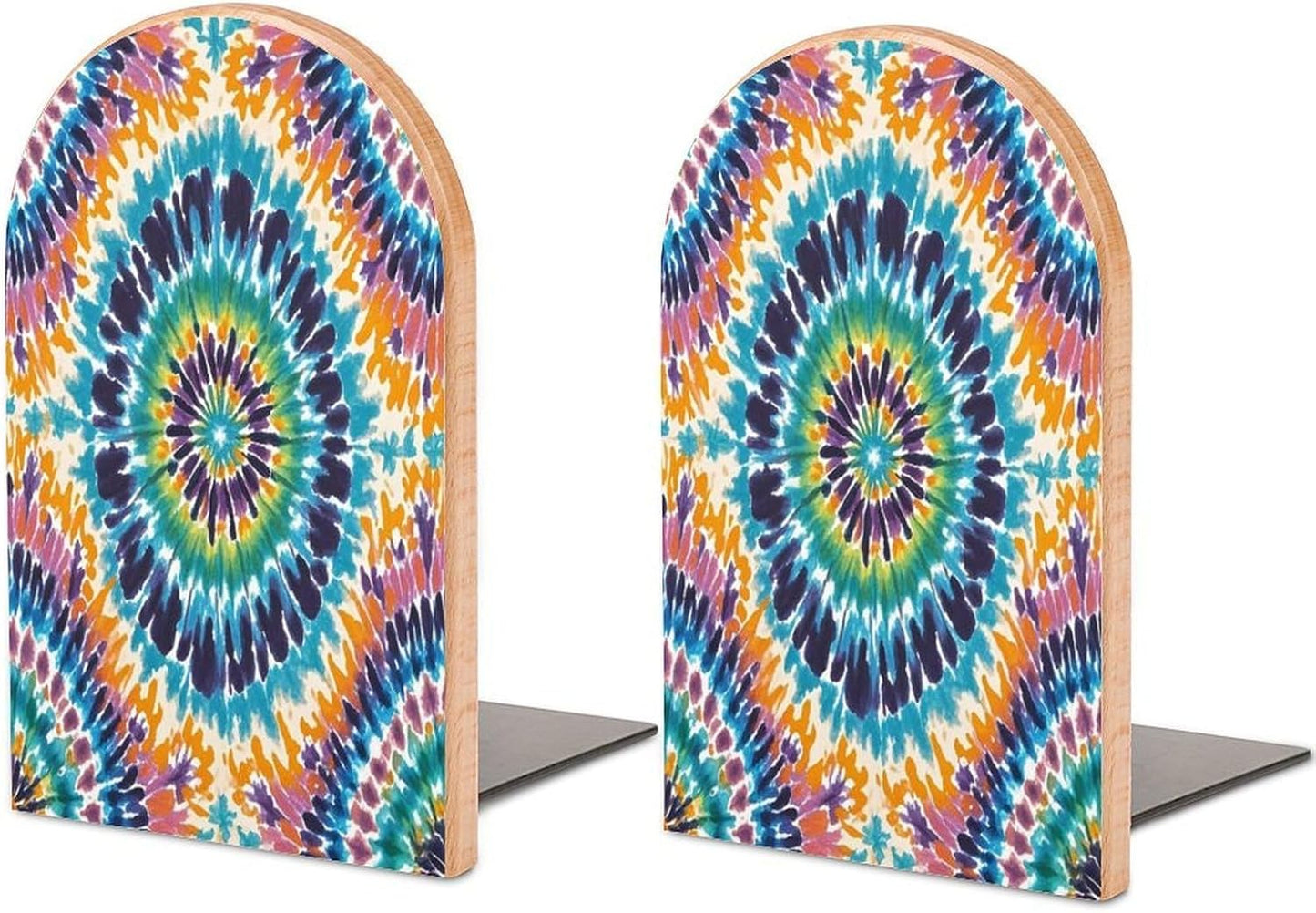 Tie Dye Pattern Bookends 1 Pair Heavy Duty Book Ends for Shelves Non-Skid Bookend Supports Wooden Book Holders with Metal Base Desk Organizers Books Storage to Hold Books