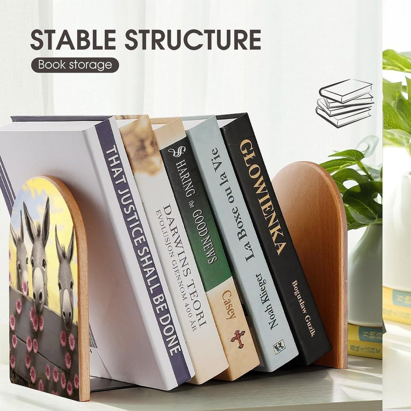 Donkey and Flower Bookend for Shelves Wooden Book End Large Size Sturdy Book Holders Stoppers with Metal Base for Bookshelves Slick Decorative Bookends Stands