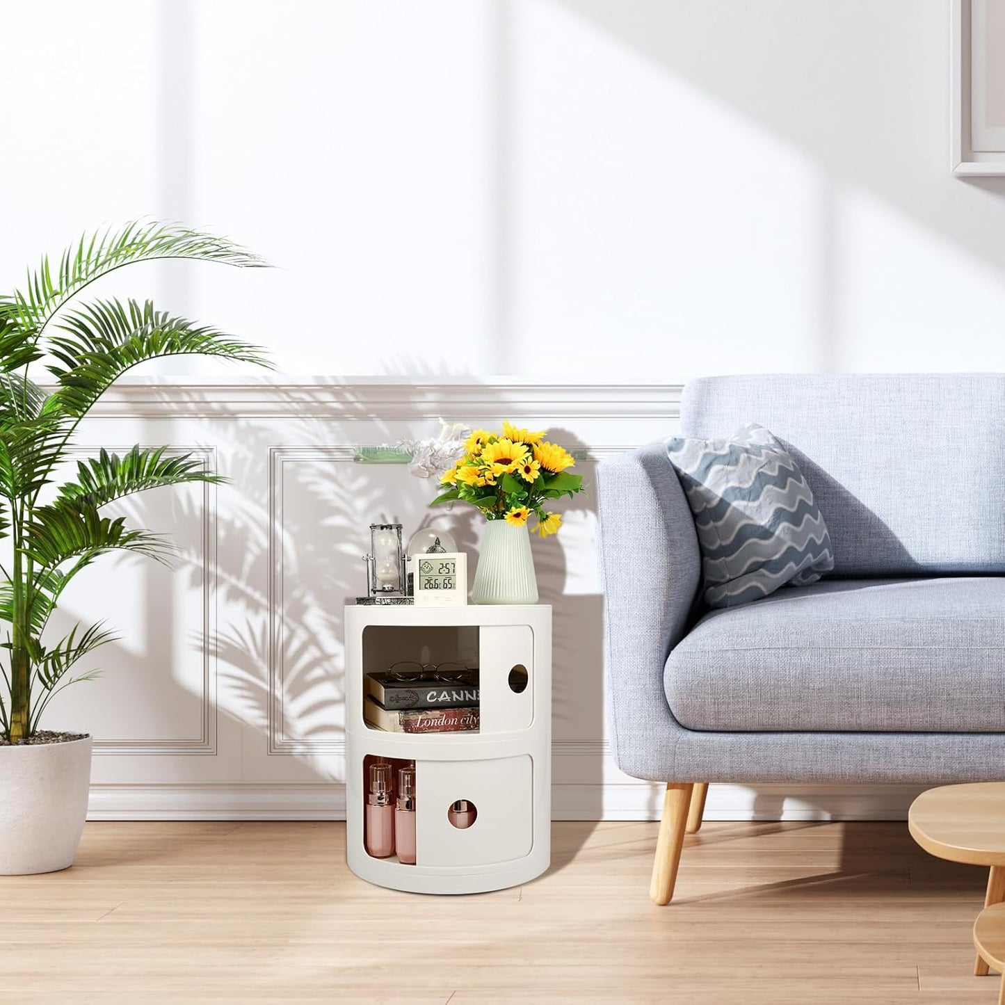 2-Tier Round Bedside Table, Narrow Storage Cabinet, Small Stylish Storage Cabinet, no Installation Required, Suitable for Living Room and Bedroom, Small Space