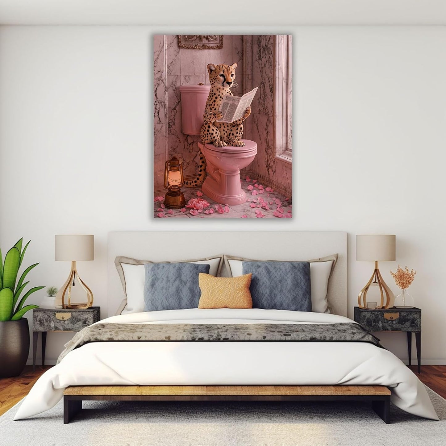 Mudket Funny Cheetah Poster Canvas Wall art for Bathroom, Framed Ready to Hang, Modern Cool Pink Leopard Reading Picturess Art for Toilet Restroom Powder Room Decor - 24" L x 16" W