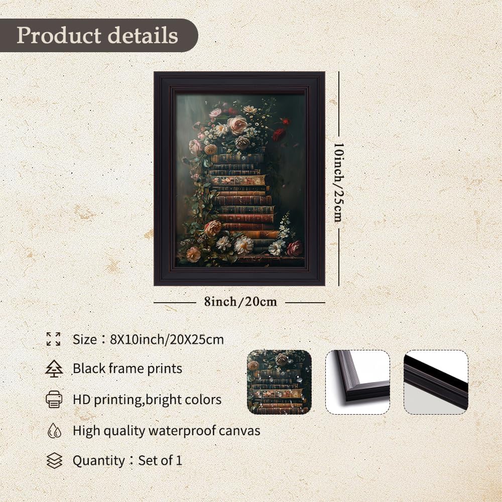 Vintage Framed Book Floral Wall Art Dark Academia Antique Flower Poster Retro Library Botanical Oil Painting Rustic Cottagecore Canvas Prints for Gallery Bathroom 08x10 inch