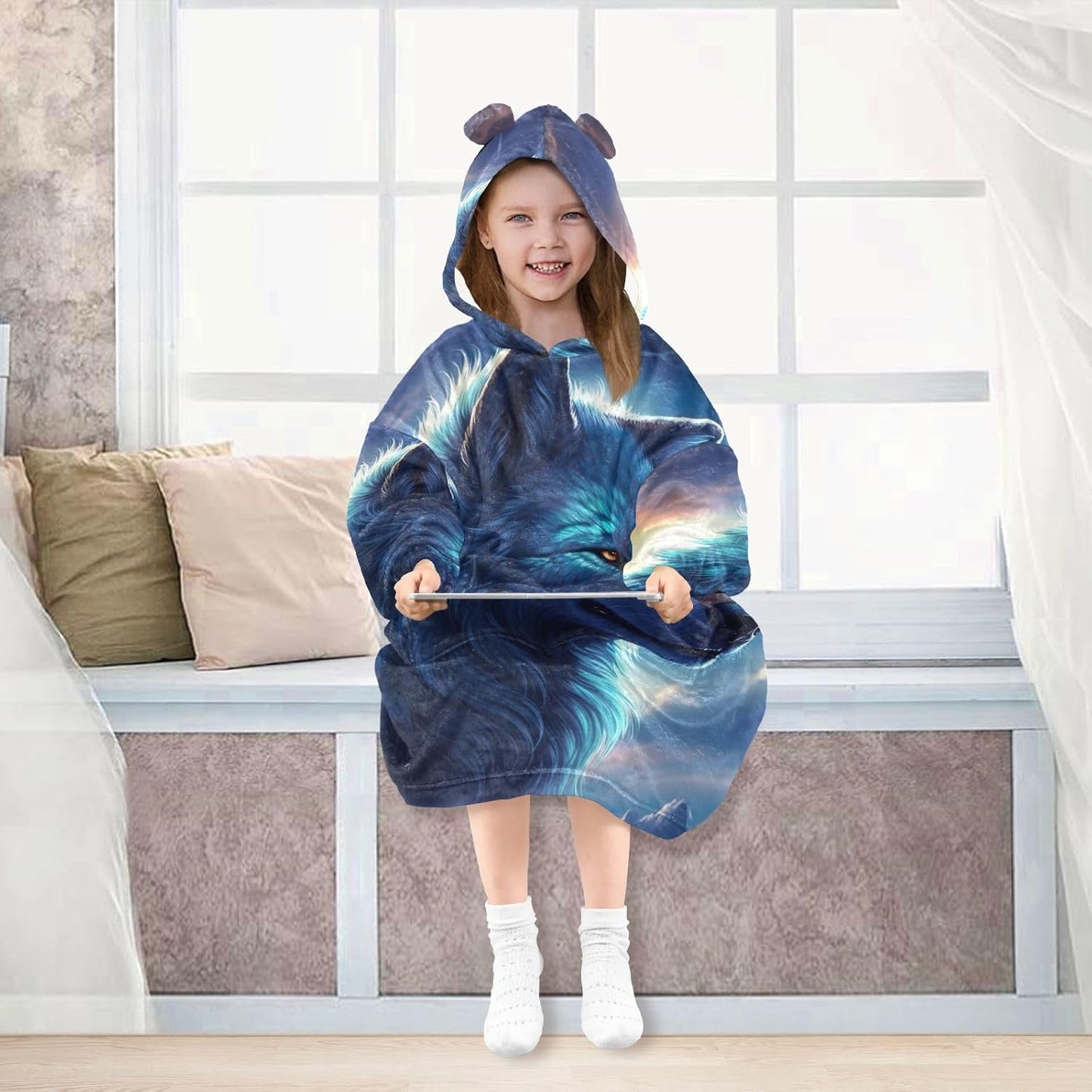 Wolf Wearable Blanket Hoodie for Kids Oversized Sherpa Hooded Blanket Cozy Warm Gift