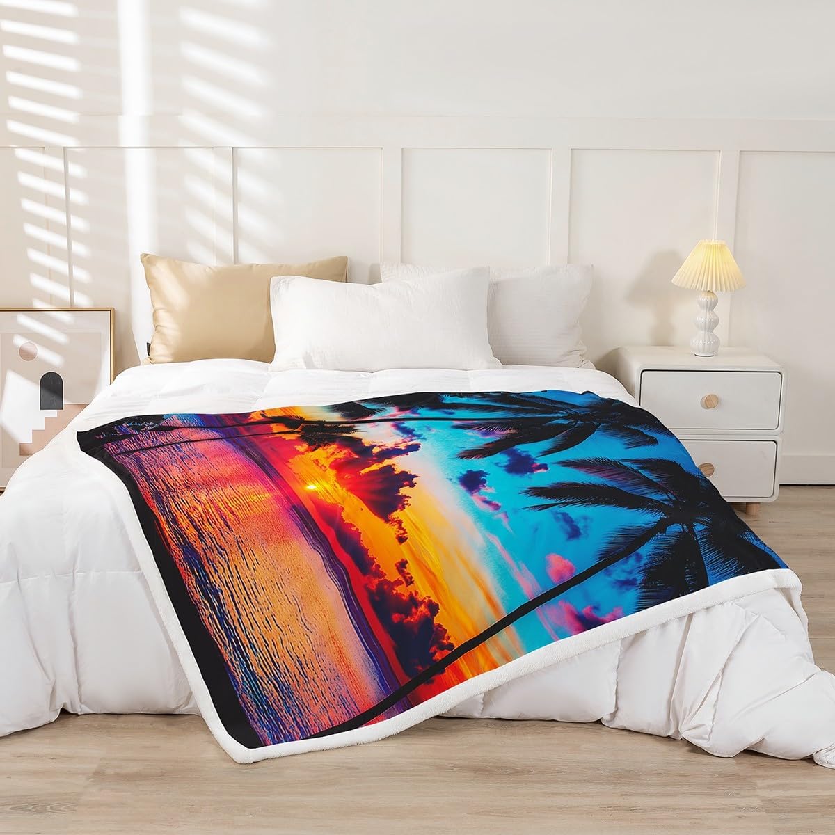 Ocean Beach Themed Sherpa Blanket,Tropical Sunset Beach with Palm Trees Plush Blanket,Peaceful Sea Marine Palm Tree Fleece Throw Blanket Bright Hawaii Style Fuzzy Blanket Twin 60"x80"