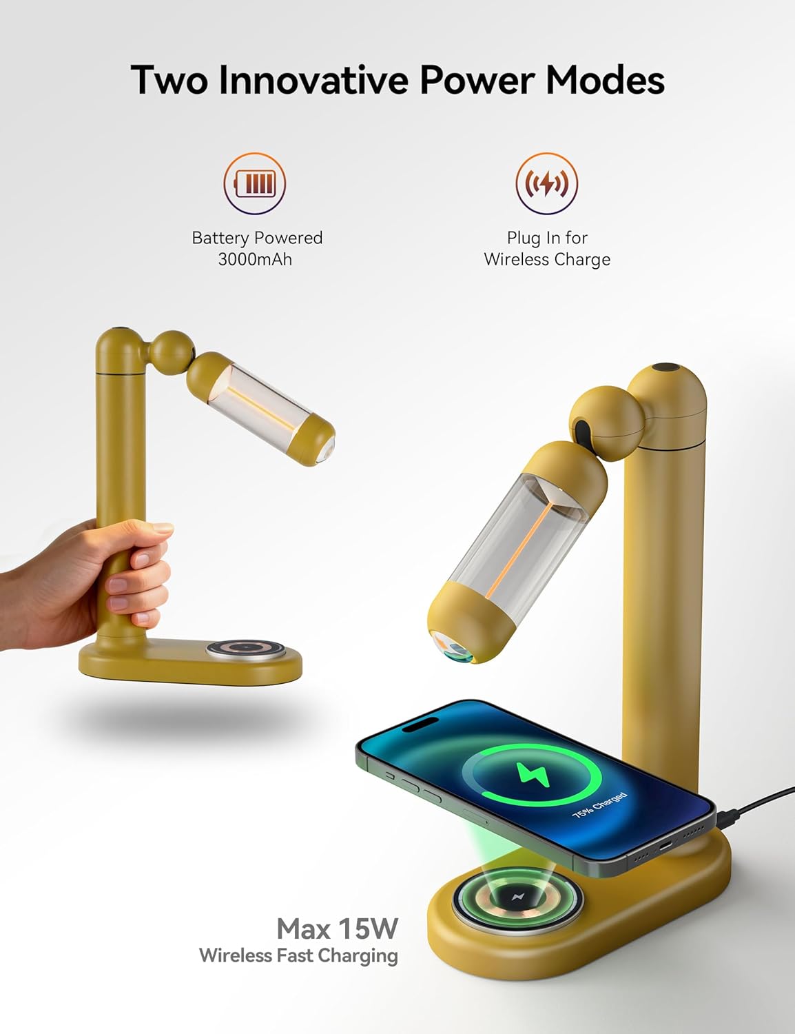Tubicen Table Lamp Flexible Focus Spotlight Desk Light with Wireless Charger Station 3000mAh Battery Rechargeable Cordless Nightstand Reading Lamp Rotatable Dimmable Modern LED Desk Lamp Yellow