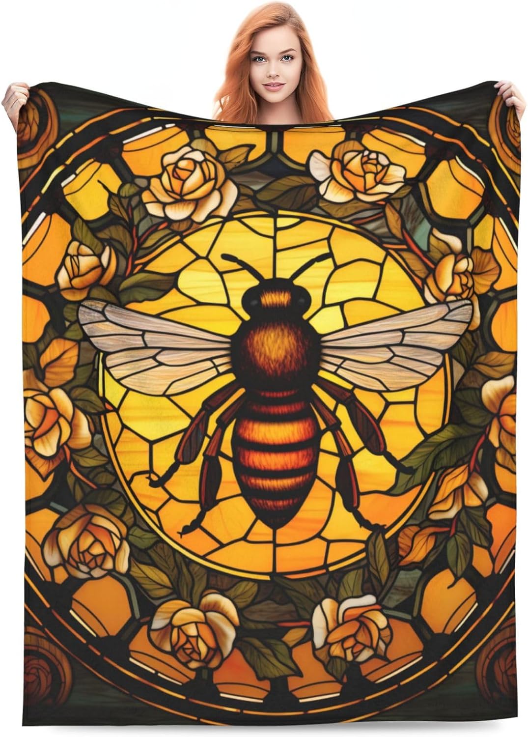 Bee Blanket for Adults Kids Bee Blanket Gifts 60" x 50" Flannel Stained-Glass Bee Yellow Rose Throw Blanket for Bed Living Room Sofa Couch Soft Warm Lightweight Cozy Bee Decor