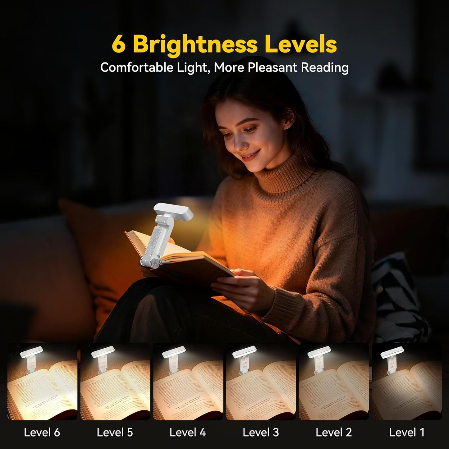 TechRise Book Light, 12 LED Clip-on Reading Light for Books in Bed, Rechargeable Reading lamp, Eye-Caring with Timer, 5 Color Temps & 6 Brightness, 80+ Hrs, Perfect for Kids, Book Lovers, Rectangular