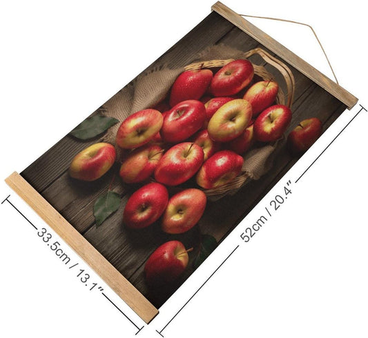 Vintage Fresh Ripe Apples Poster with Wooden Frame Personalized Linen Hanging Scroll Painting Rustic Wall Hanging Illustrative Modern Artwork Decor for Home Living Room Bedroom Office