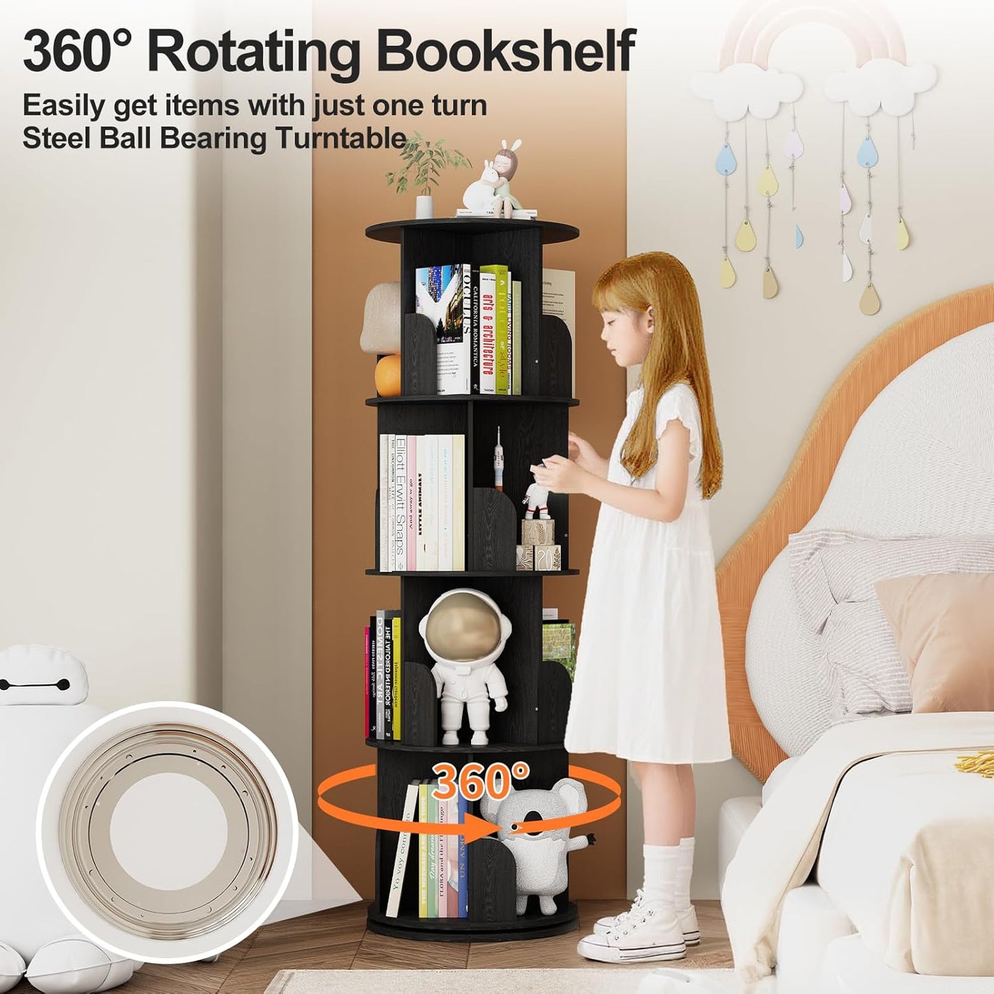 360°Rotating Bookshelf,4 Tier Corner Bookcase,Book Shelf,Floor Storage Wood Organizer for Sturdy,Home Office,Living Room,Bedroom,Kids Room