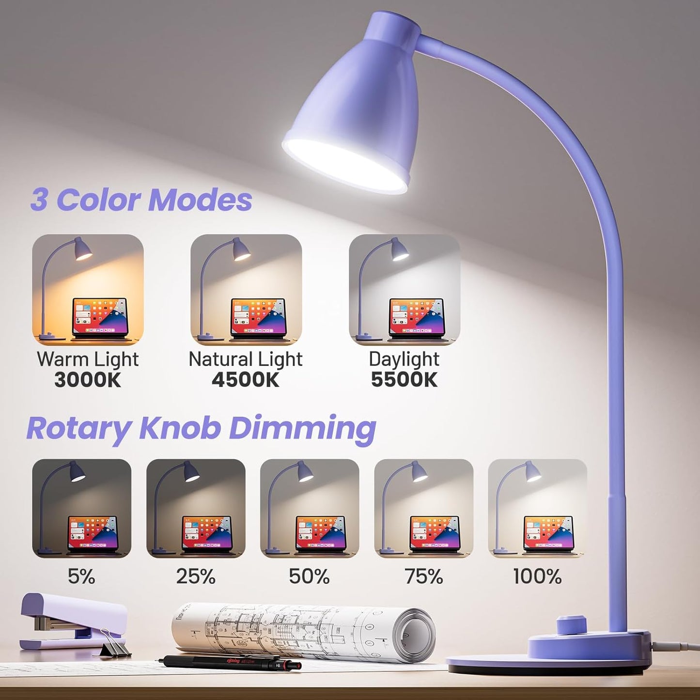 BOHON LED Desk Lamp with USB Charging Port, 3 Color Modes Fully Dimmable Reading Lamp, Auto Dimming Task Lamp, Flexible Neck Table Light for Office Dorm Bedside, Adapter Include