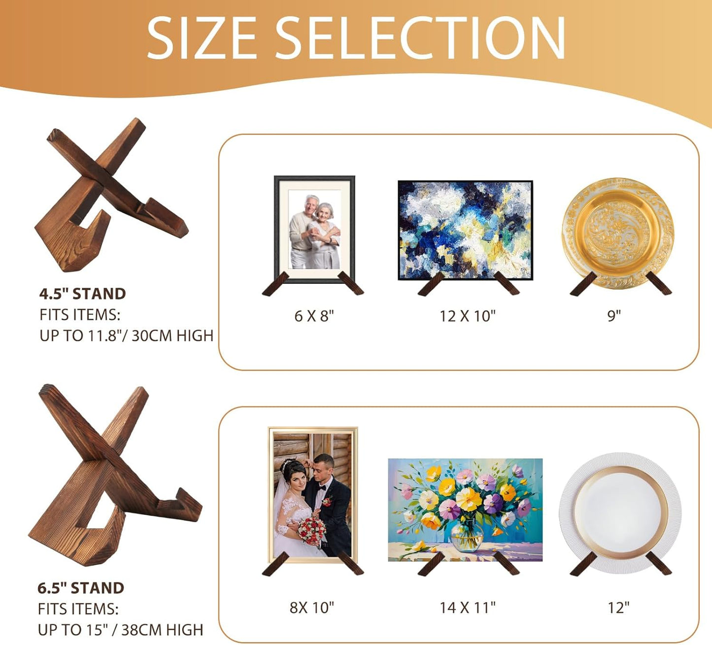 2 Pack Wooden Display Stands with Mini Duster, Easel Plate Bowl Holders for Display Frame Platter Dish, Decorative Stand for Cookbook Art Vinyl Record Photo Artist Home Office Collector (6" & 7.8")