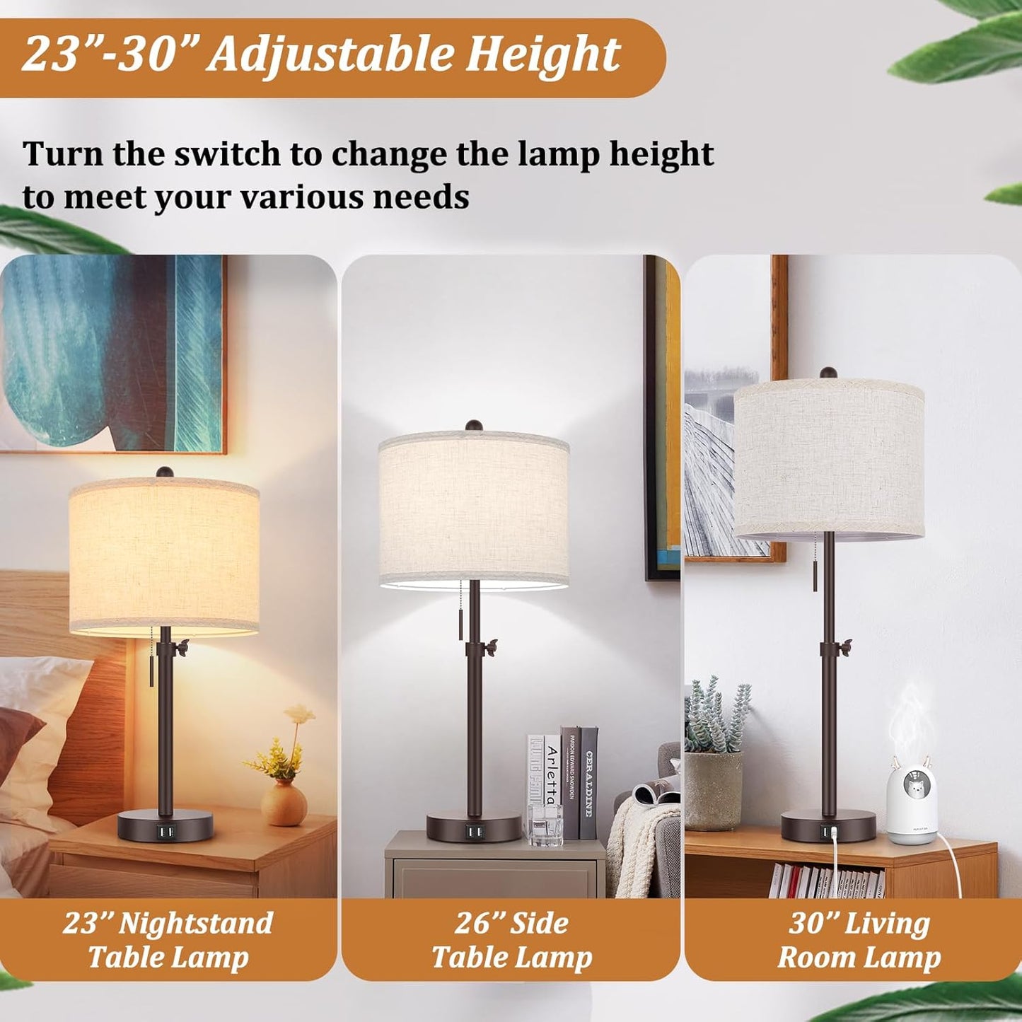 Modern Brown Table Lamps Set of 2, 23’’-30’’ Adjustable Bedroom Lamps with 2 USB Ports, Living Room Lamp Set with Cream Linen Shade, Industrial Desk Lamp for Nightstand End Table Home Office Reading