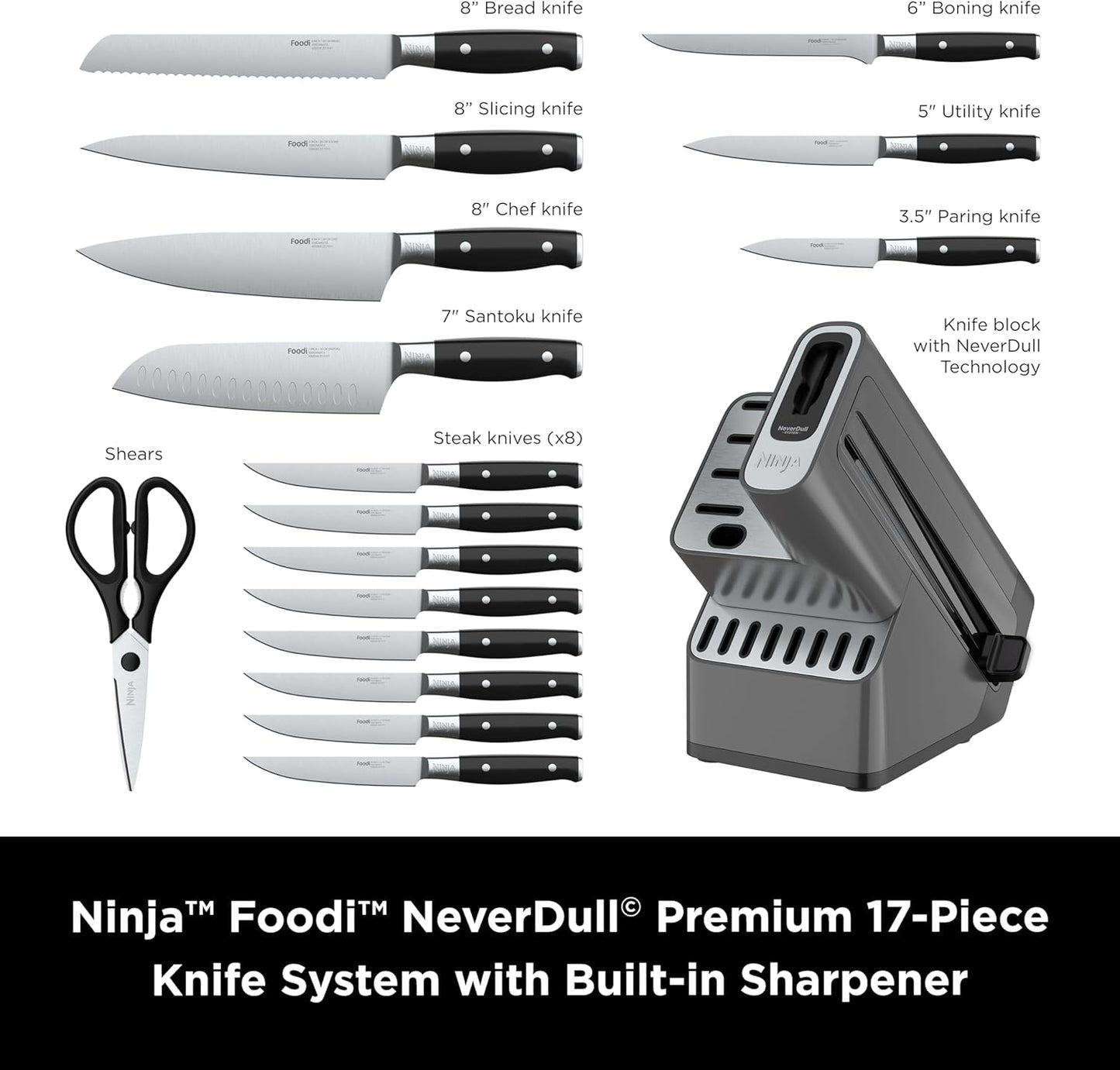 Ninja K32017 Foodi NeverDull Premium Knife System, 17 Piece Knife Block Set with Built-in Sharpener, German Stainless Steel Knives, Black