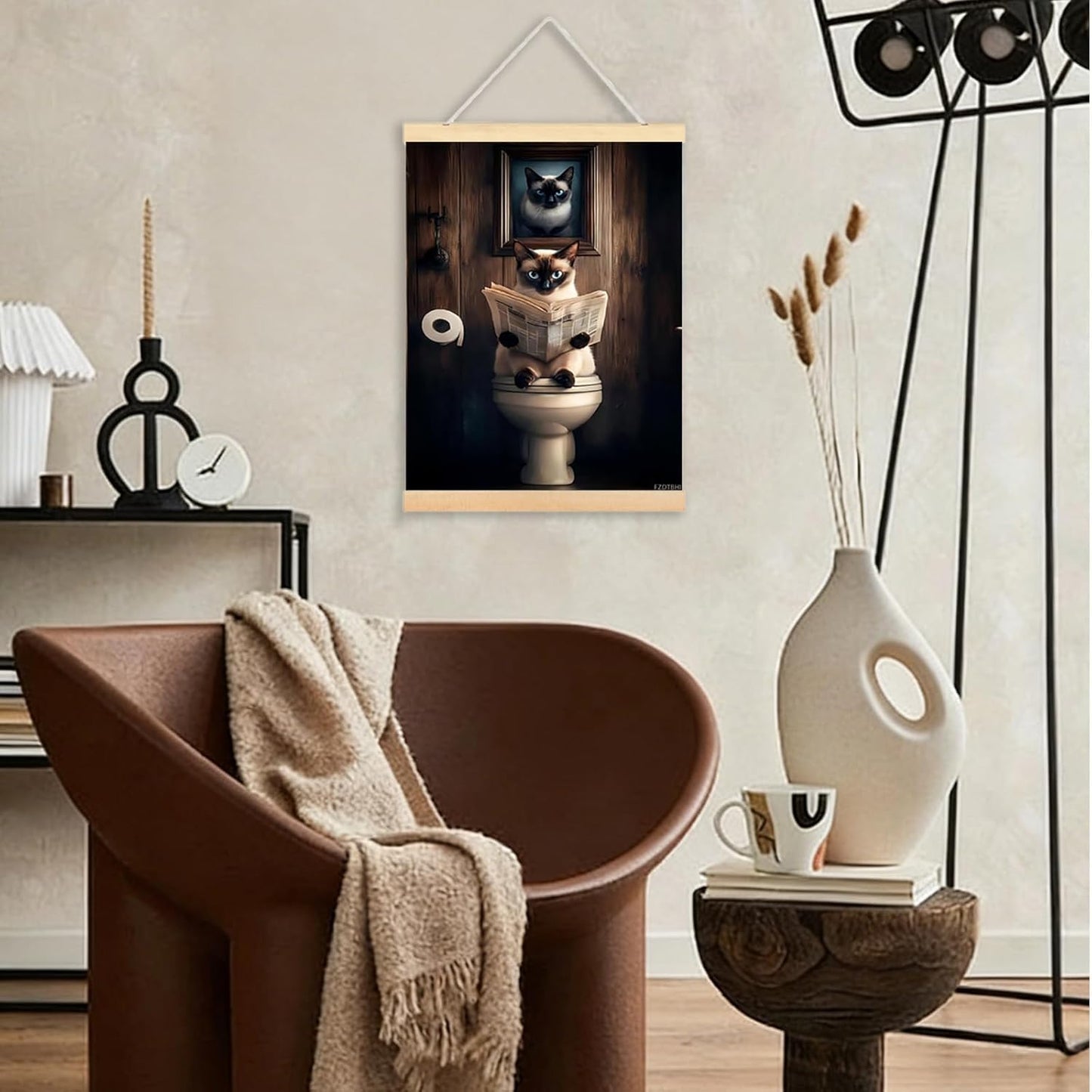 FZDTBHI Funny Bathroom Canvas Wall Art Prints Cute Siamese Cat Reading Newspaper on The Toilet Picture Animals Aesthetic Posters Trendy Painting for Living Room Bathroom Decor 12x16inch Framed