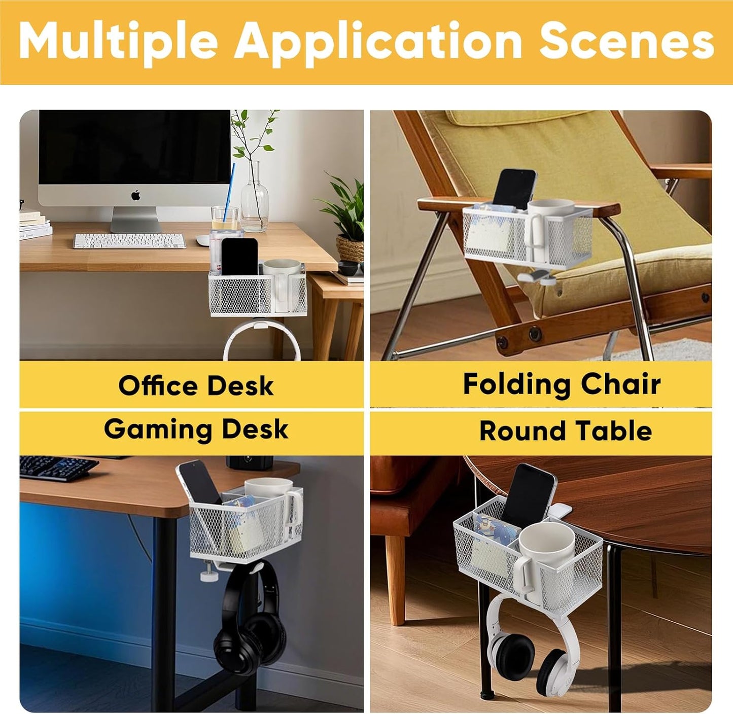 4 in 1 Metal Clip On Cup Holder Attachment for Gaming Desk or Table, Fits up to 40oz Cups, Sturdy and Easy to Clamp, Attachable Anti-Spill Cup Holder for Chair, Bedside, Bottles, Drinks - White
