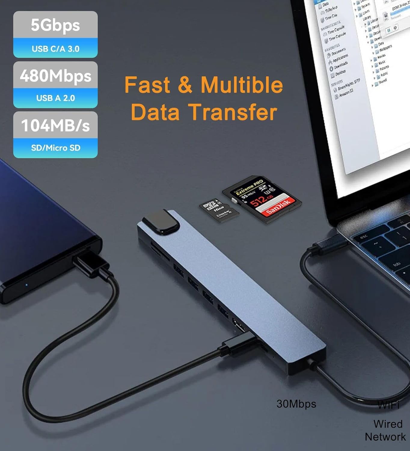 USB C Hub Ethernet HDMI Adapter, 8 in 1 Docking Station with 4K HDMI, RJ45 Ethernet, SD/TF Card Reader, USB 3.0/2.0, PD 100W, LAN USB-C Dongle for MacBook Pro/Air, iPad Pro, XPS, etc