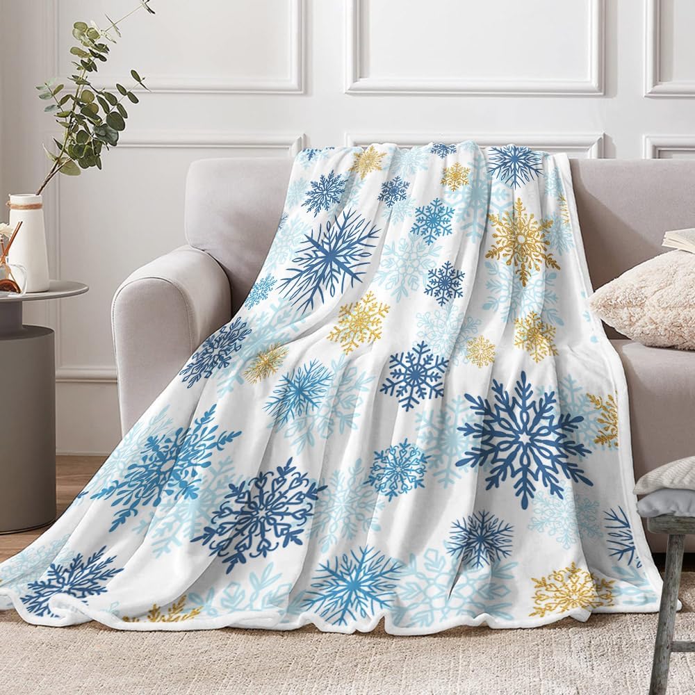 Christmas Throw Blanket, Winter Snowflake Christmas Fleece Blanket, Winter Snowflake Holiday Xmas Soft Plush Warm Cabin Throw for Couch Sofa Bed Decor 50" x 60" Blue