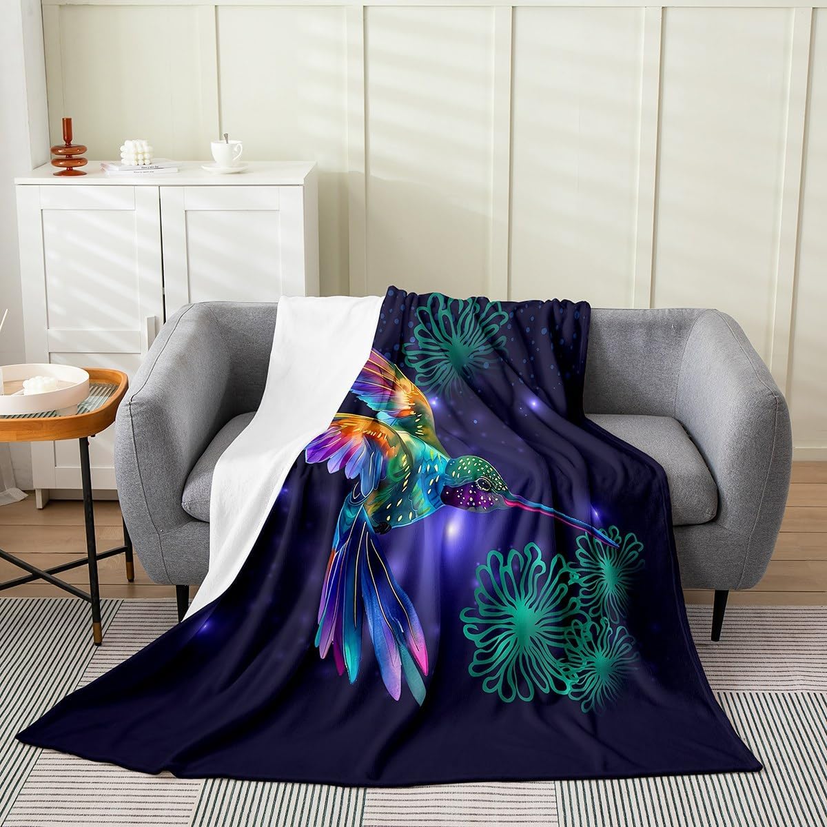 Erosebridal Hummingbird Fleece Blanket, Lighted Birds with Floral Pattern Throw Blanket, Green Botanical Flower Print Fuzzy Blanket, Ultra Soft Sparkle Galaxy Flannel Blanket, 40"X50"