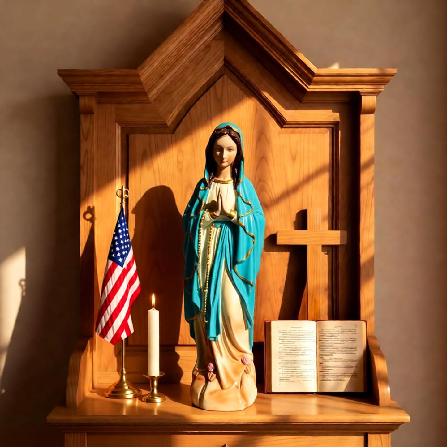 11 Inch Virgin Mary Praying Statue, Symbol of Peace and Faith, Handcrafted Teal Blue Robe Decor for Home, Mantel, Prayer Corner, Entryway Table, Bookshelf, Prayer Space and Chapel