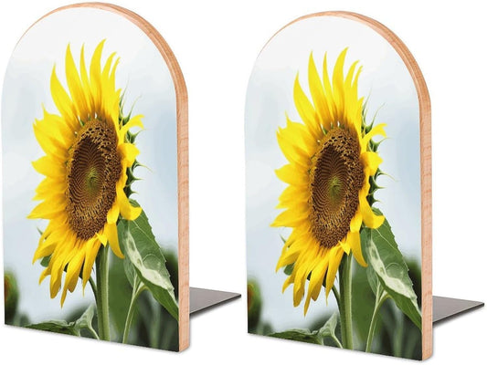 Bloom Sunflower Bookend for Shelves Wooden Book End Large Size Sturdy Book Holders Stoppers with Metal Base for Bookshelves Slick Decorative Bookends Stands
